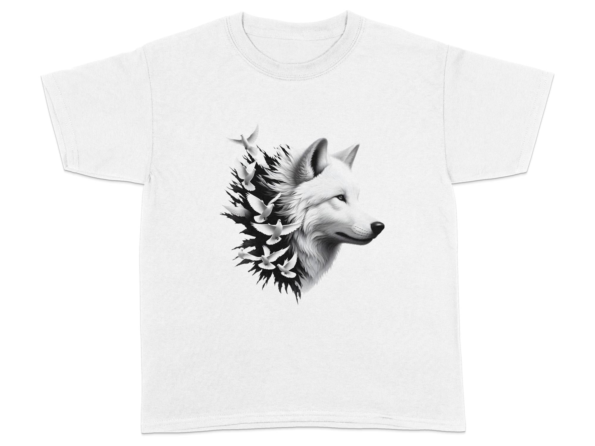 Wolf x Doves - Black White Gildan Kids T-Shirt Realistic Animal Talisman Unisex Tee Graphic Design