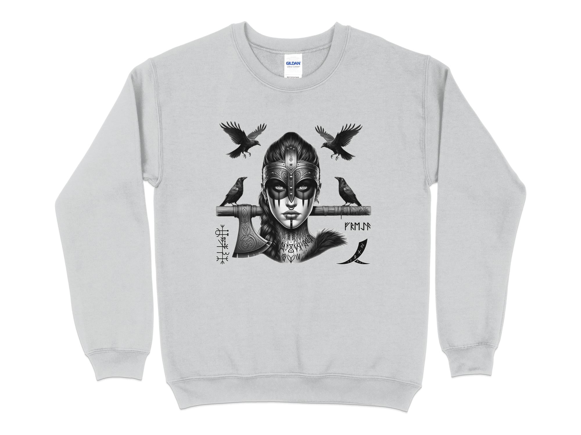 Viking Shield Maiden - Coloured Gildan Sweatshirt Realistic Norse Talisman Men Women Unisex Valhalla Tee Graphic Design