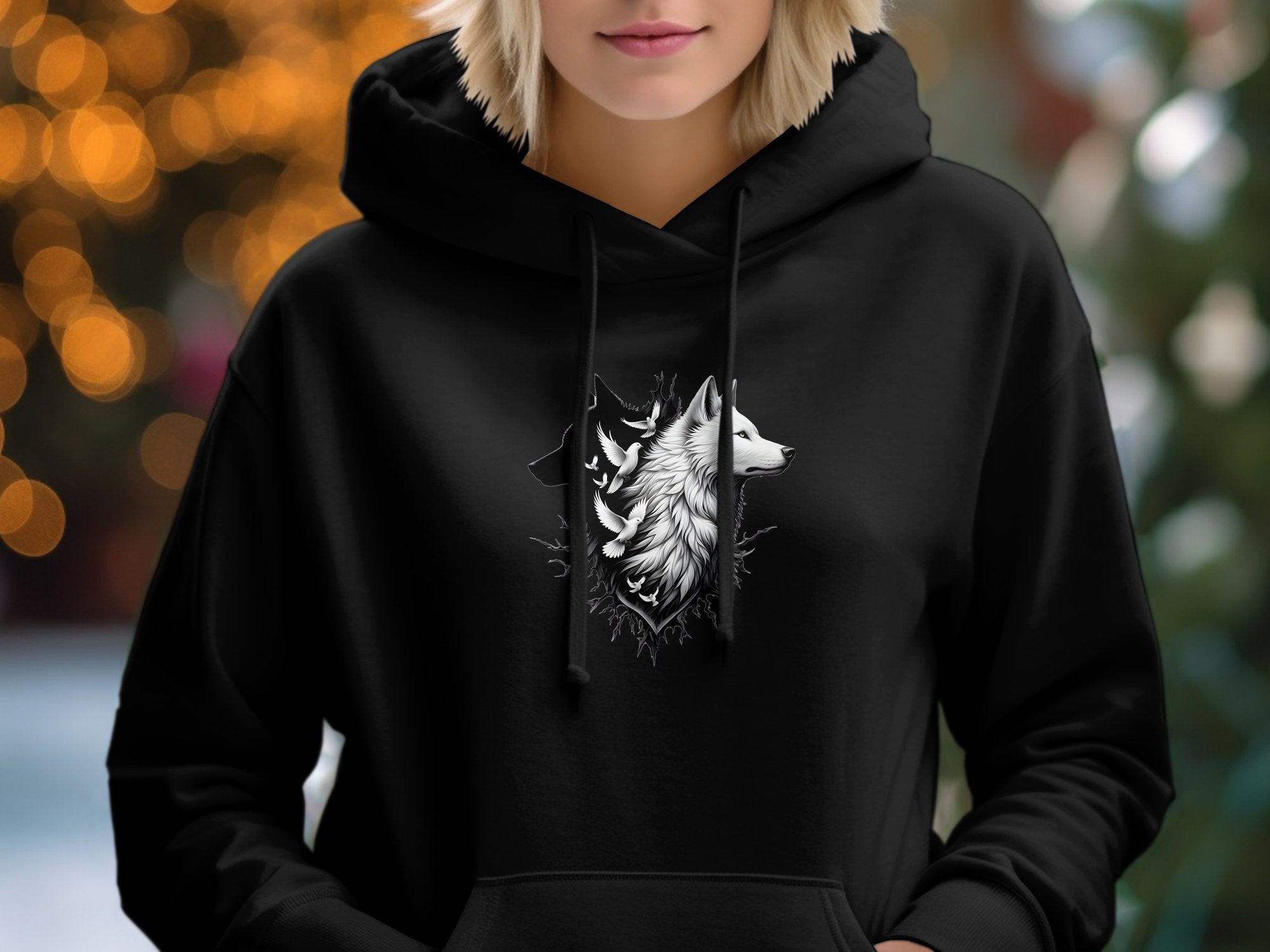 Wolf x Doves - Black White Gildan Hoodie Realistic Animal Talisman Unisex Tee Graphic Design