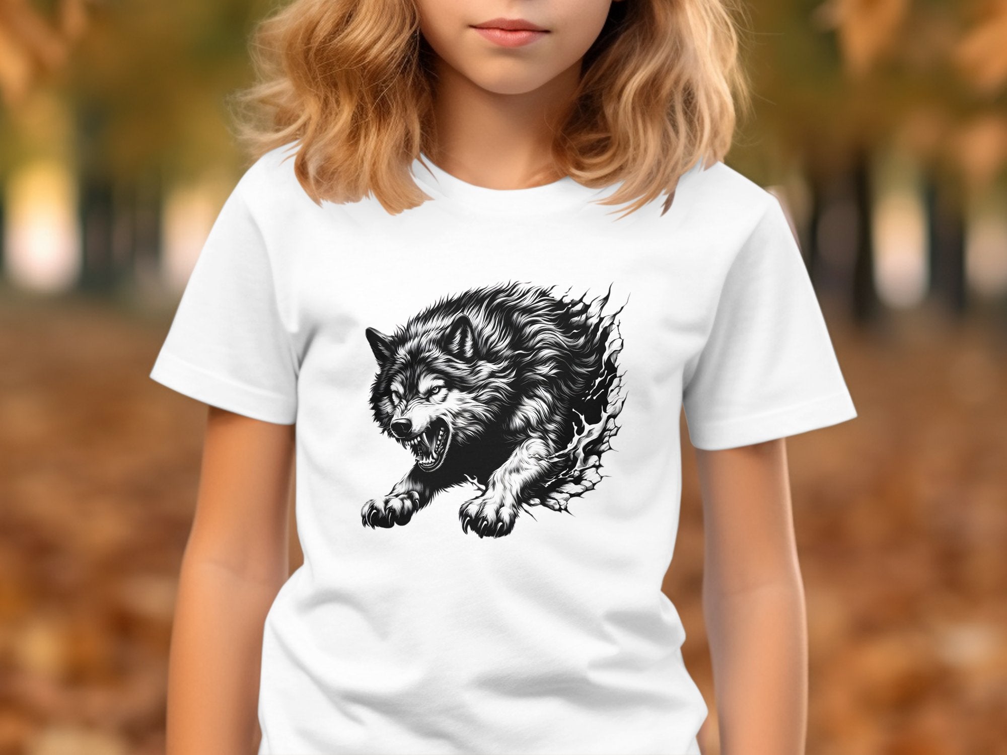 Wolf Tribal - Black White Gildan Kids T-Shirt Realistic Animal Talisman Unisex Tee Graphic Design