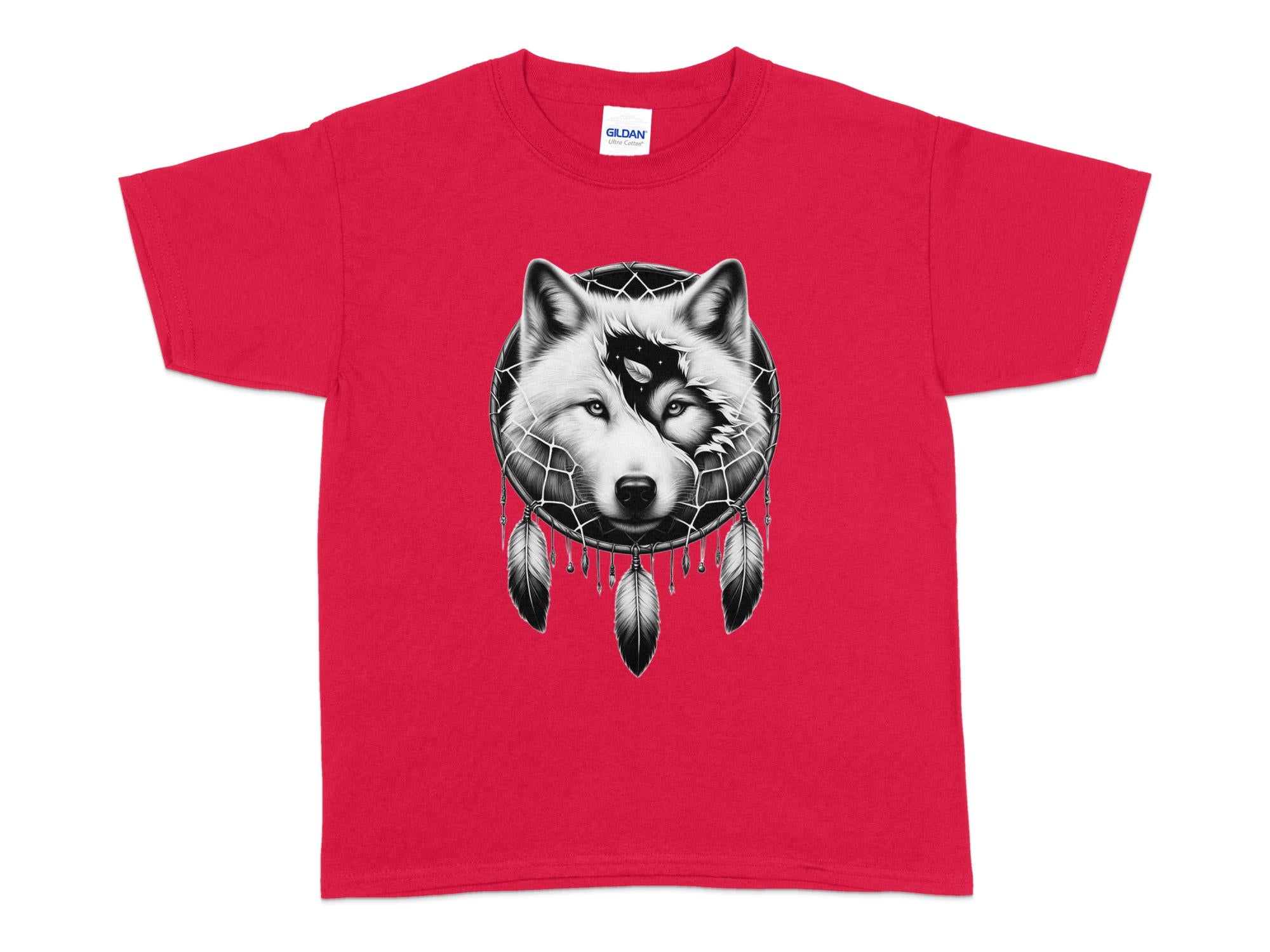 Dreamcatcher Wolf - Coloured Gildan Kids T-Shirt Realistic Native American Talisman Unisex Mythology Tee Graphic Design