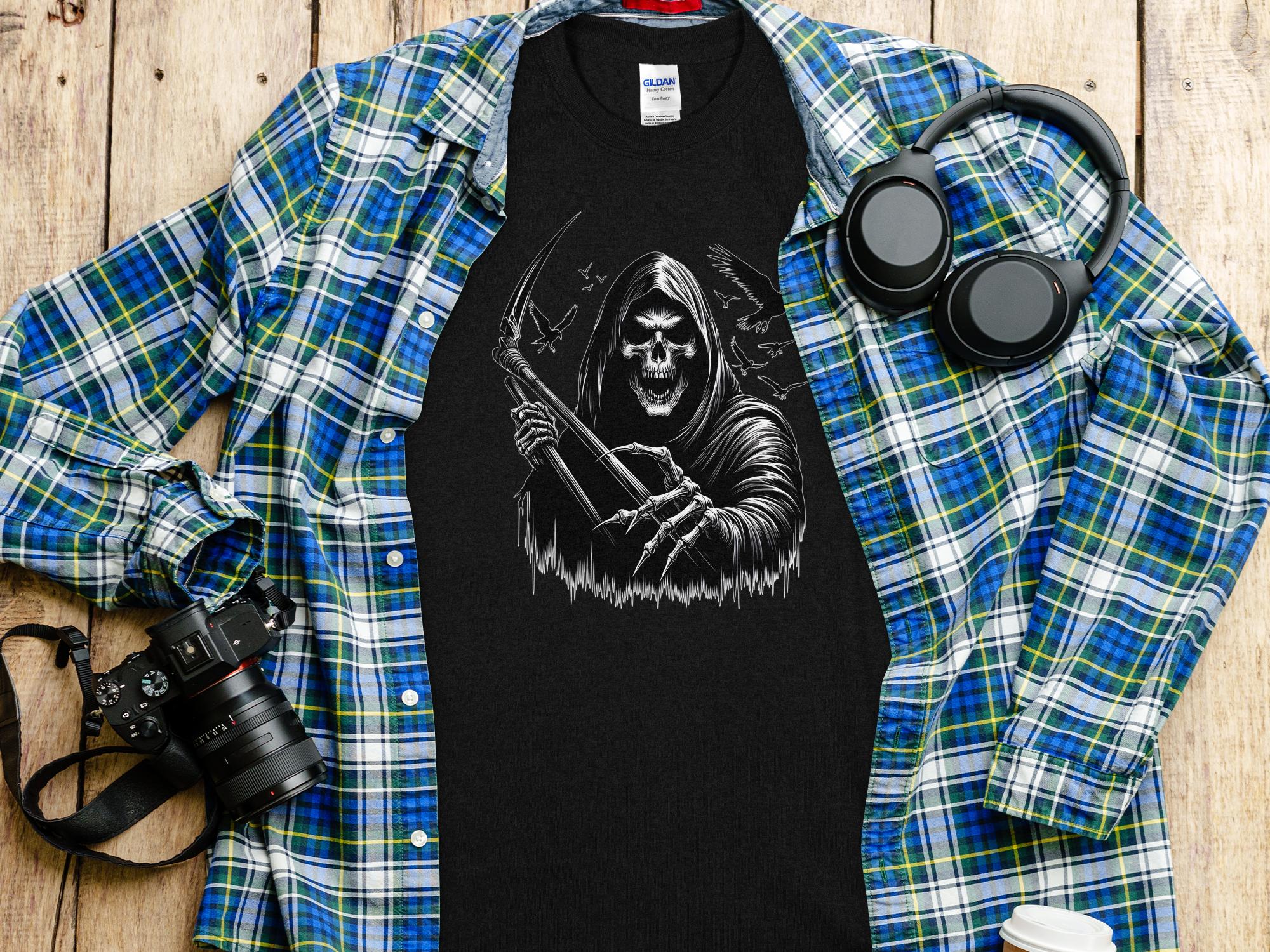 Grim Reaper - Black White Gildan T-Shirt Commemorative Talisman Unisex Tee Graphic Design