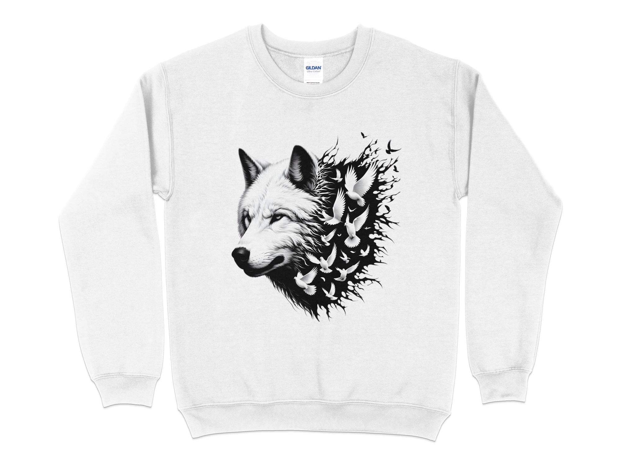 Wolf x Doves - Black White Gildan Sweatshirt Realistic Animal Talisman Unisex Tee Graphic Design