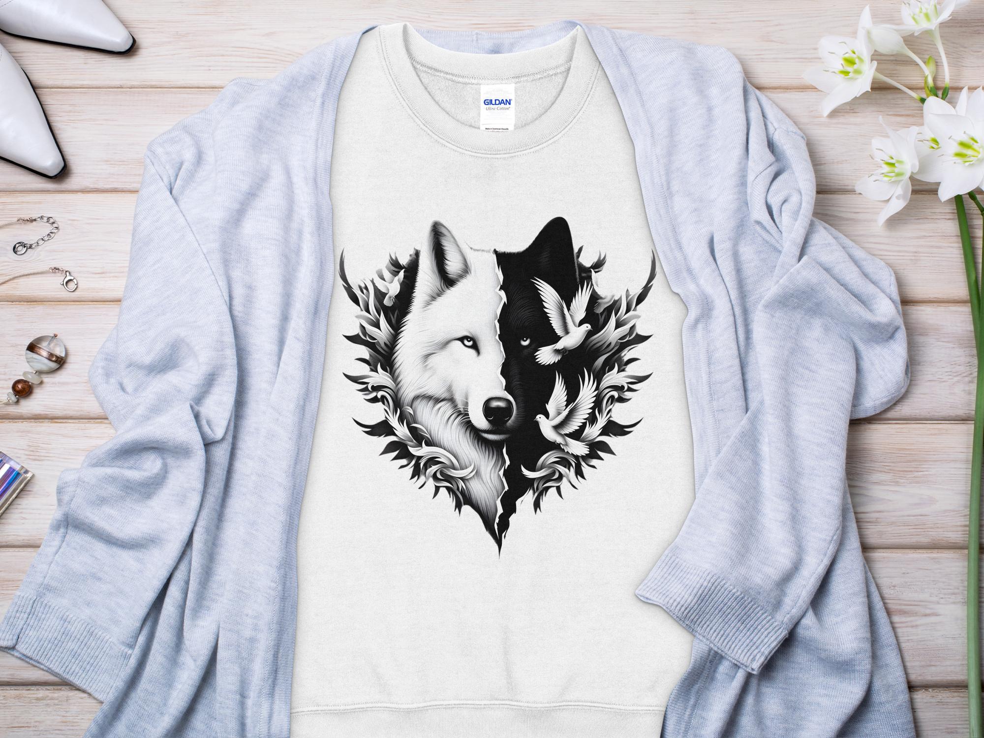 Wolf x Doves - Black White Gildan Sweatshirt Realistic Animal Talisman Unisex Tee Graphic Design