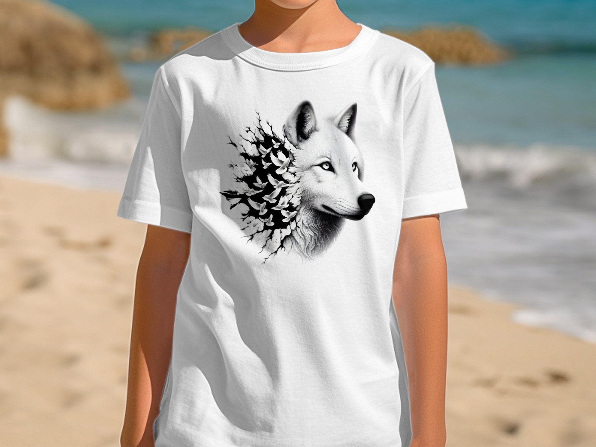 Wolf x Doves - Black White Gildan Kids T-Shirt Realistic Animal Talisman Unisex Tee Graphic Design