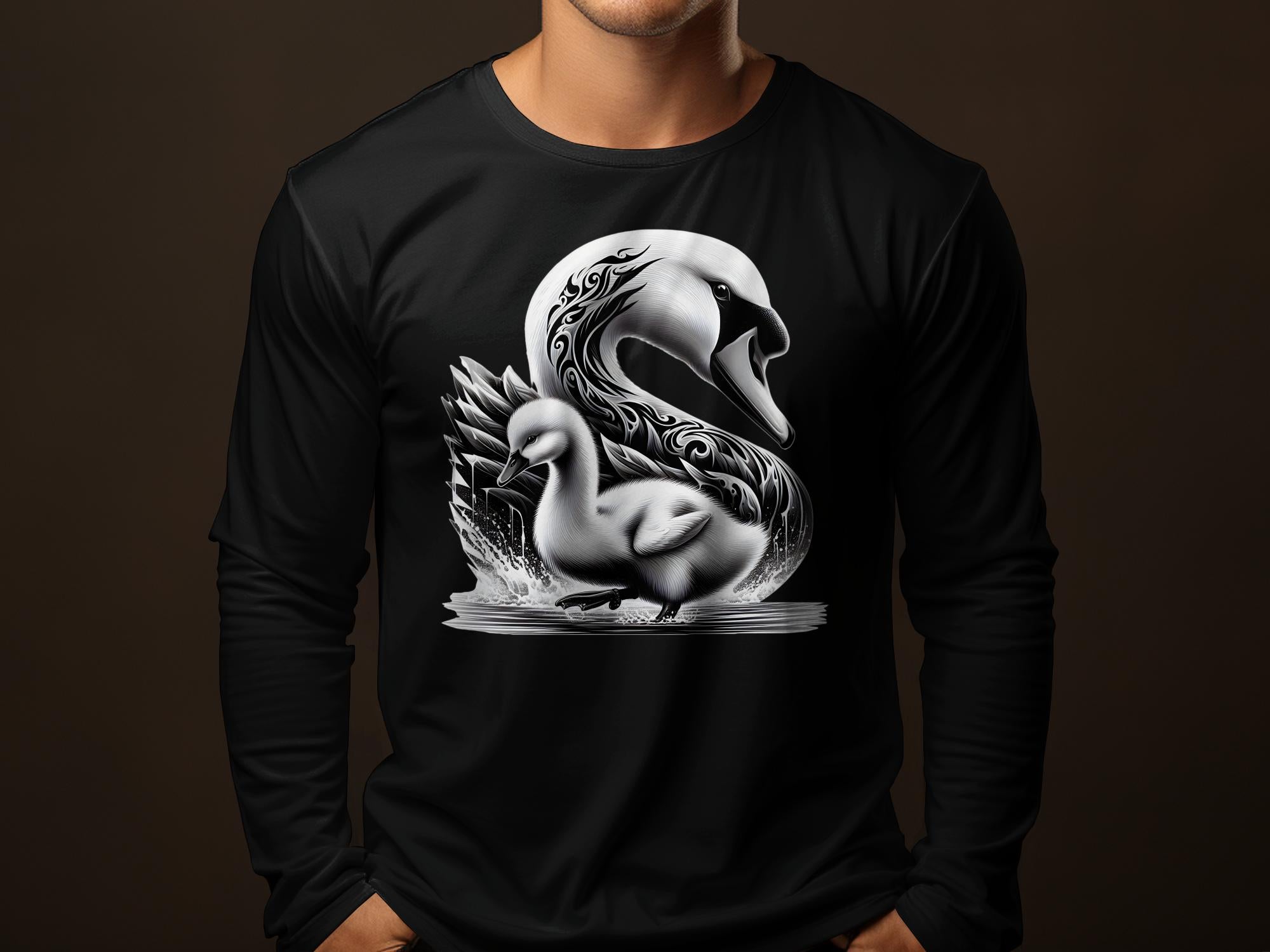 Swan & Cygnet- Black White Gildan Long Sleeve Realistic Family Talisman Unisex Tee Graphic Design