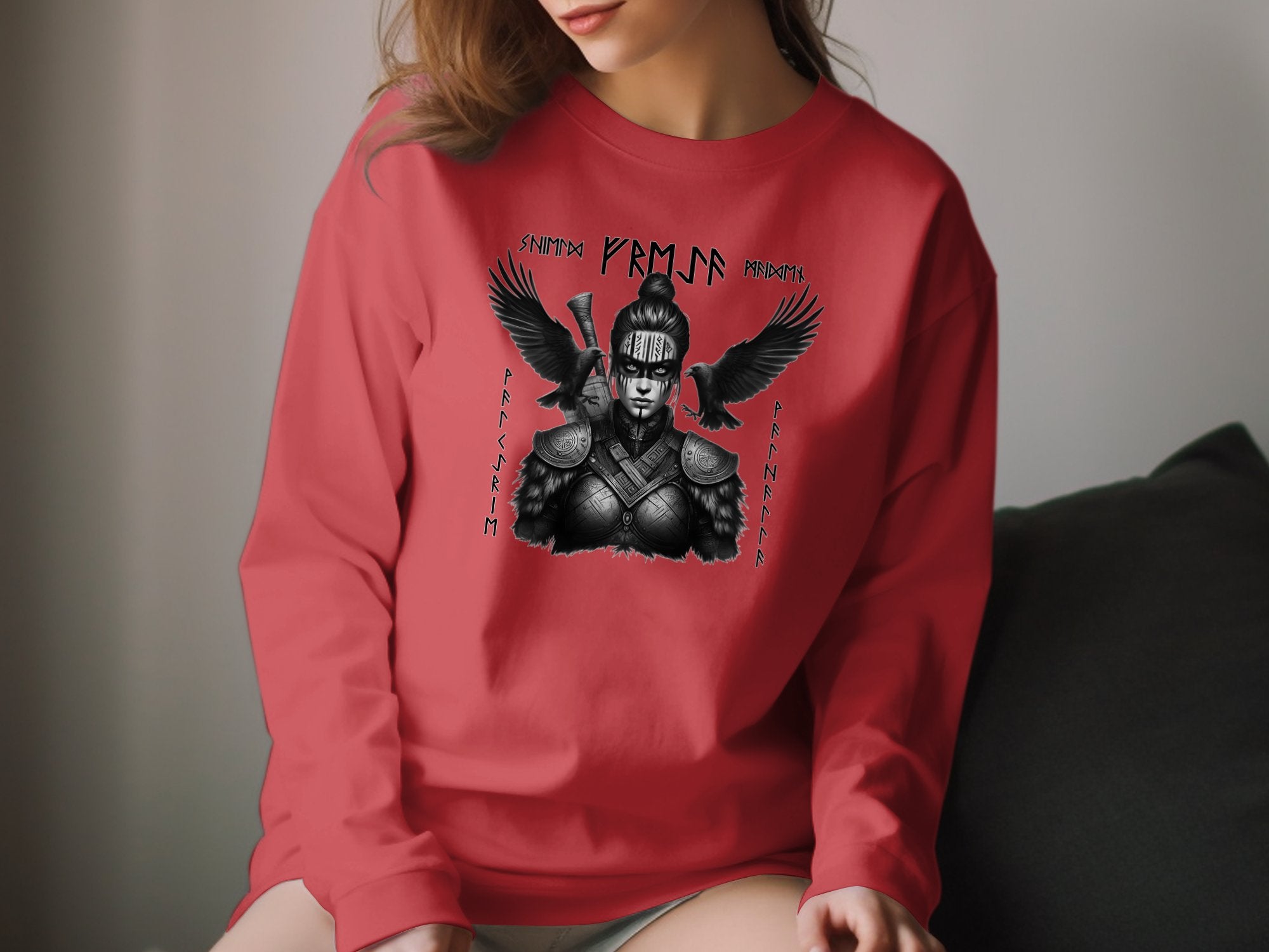 Viking Shield Maiden - Coloured Gildan Long Sleeve Realistic Norse Talisman Men Women Unisex Valhalla Tee Graphic Design