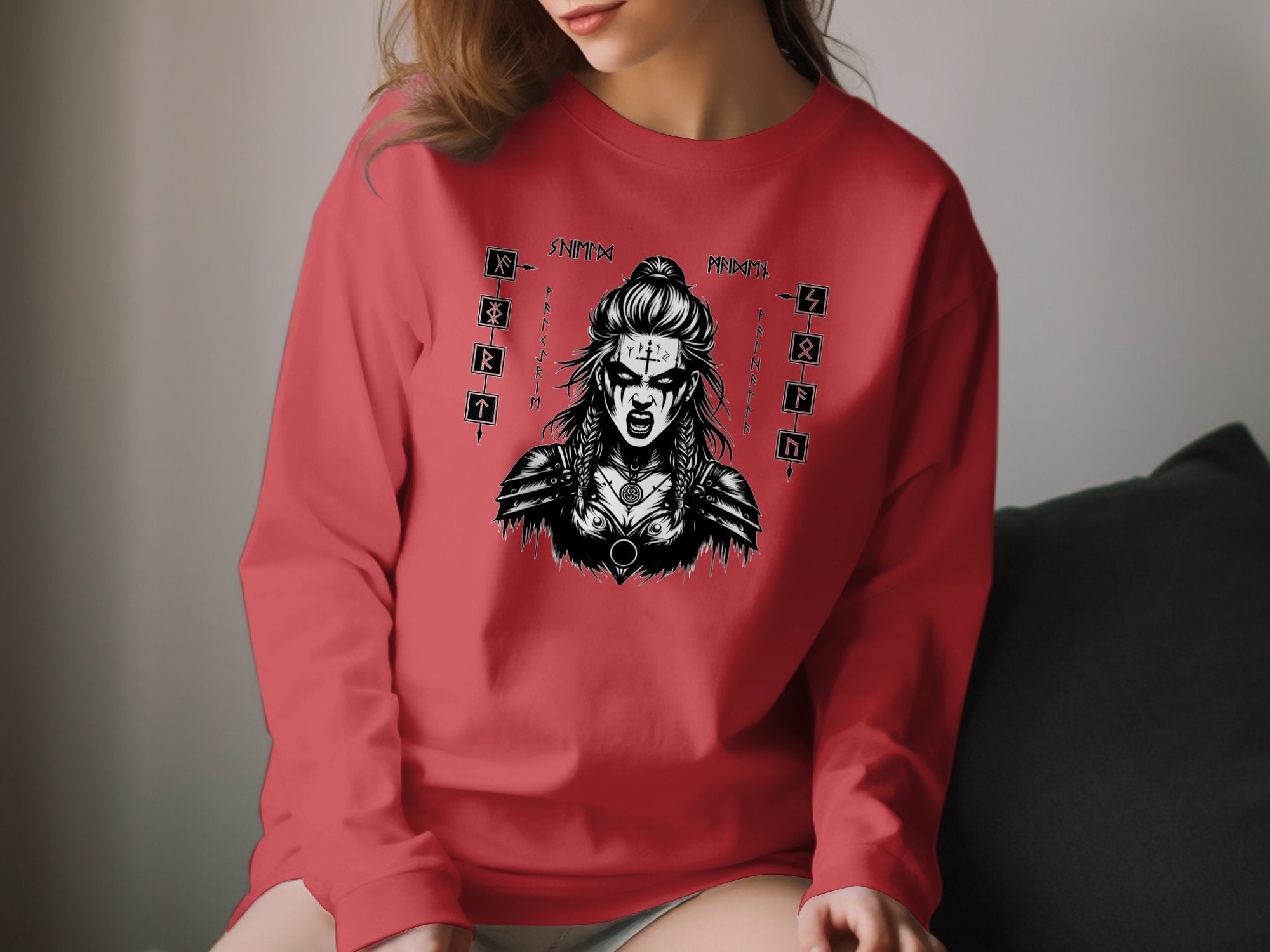 Viking Shield Maiden - Coloured Gildan Long Sleeve Realistic Norse Talisman Men Women Unisex Valhalla Tee Graphic Design