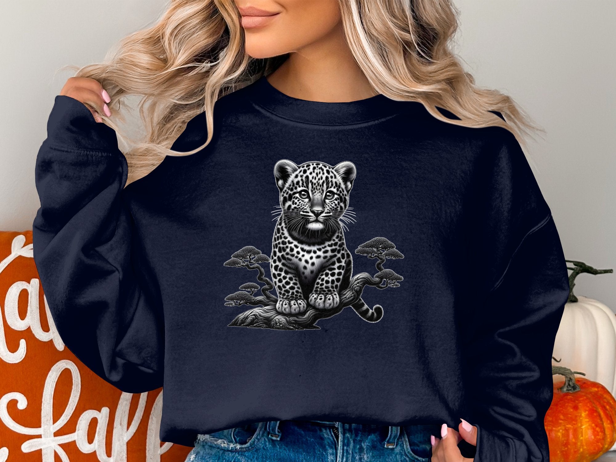 Leopard Bonsai - Coloured Gildan Sweatshirt Realistic Animal Talisman Unisex Cute Tee Graphic Design