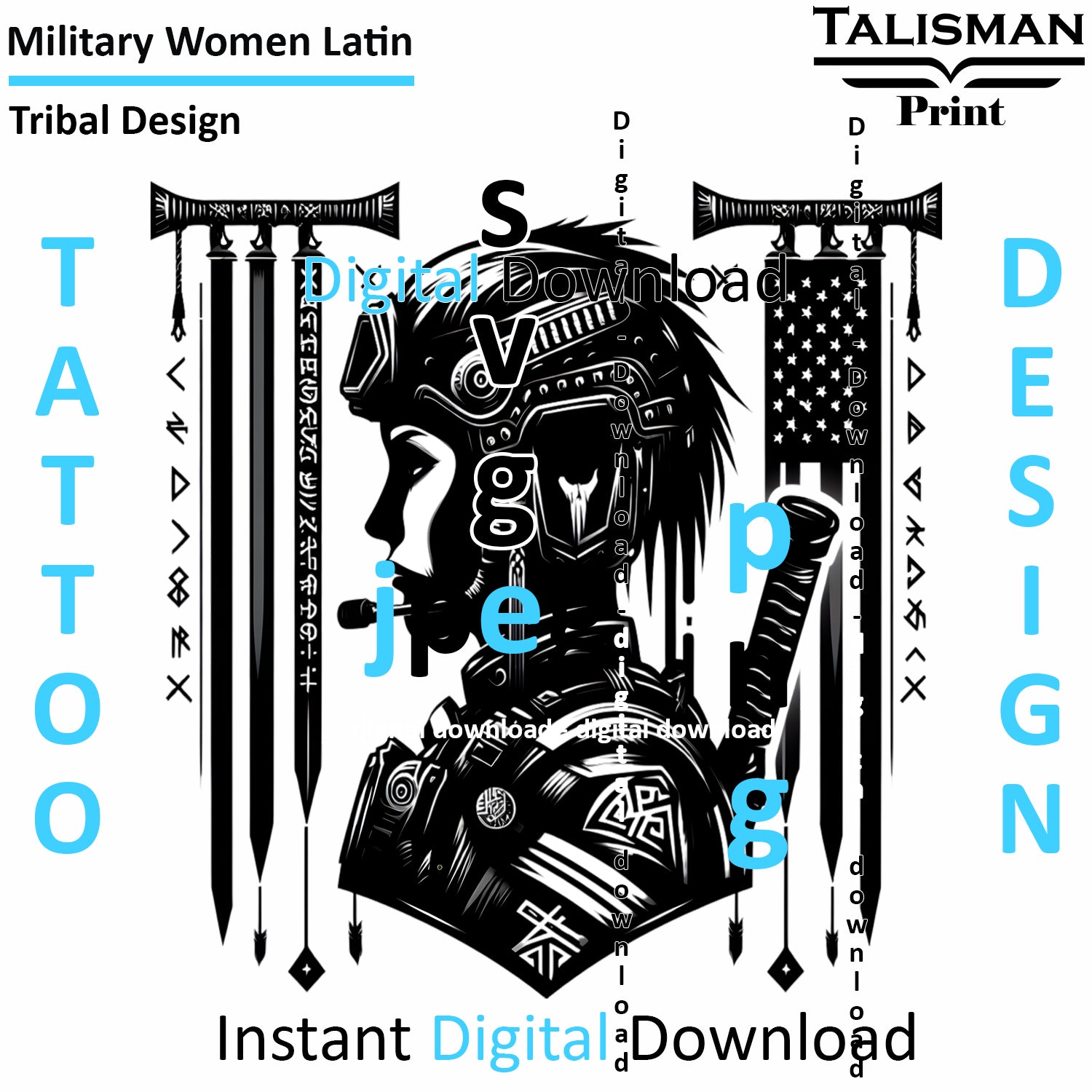 Military Woman Latin Digital Art Collection | PNG, JPEG & SVG | Instant Tattoo Download