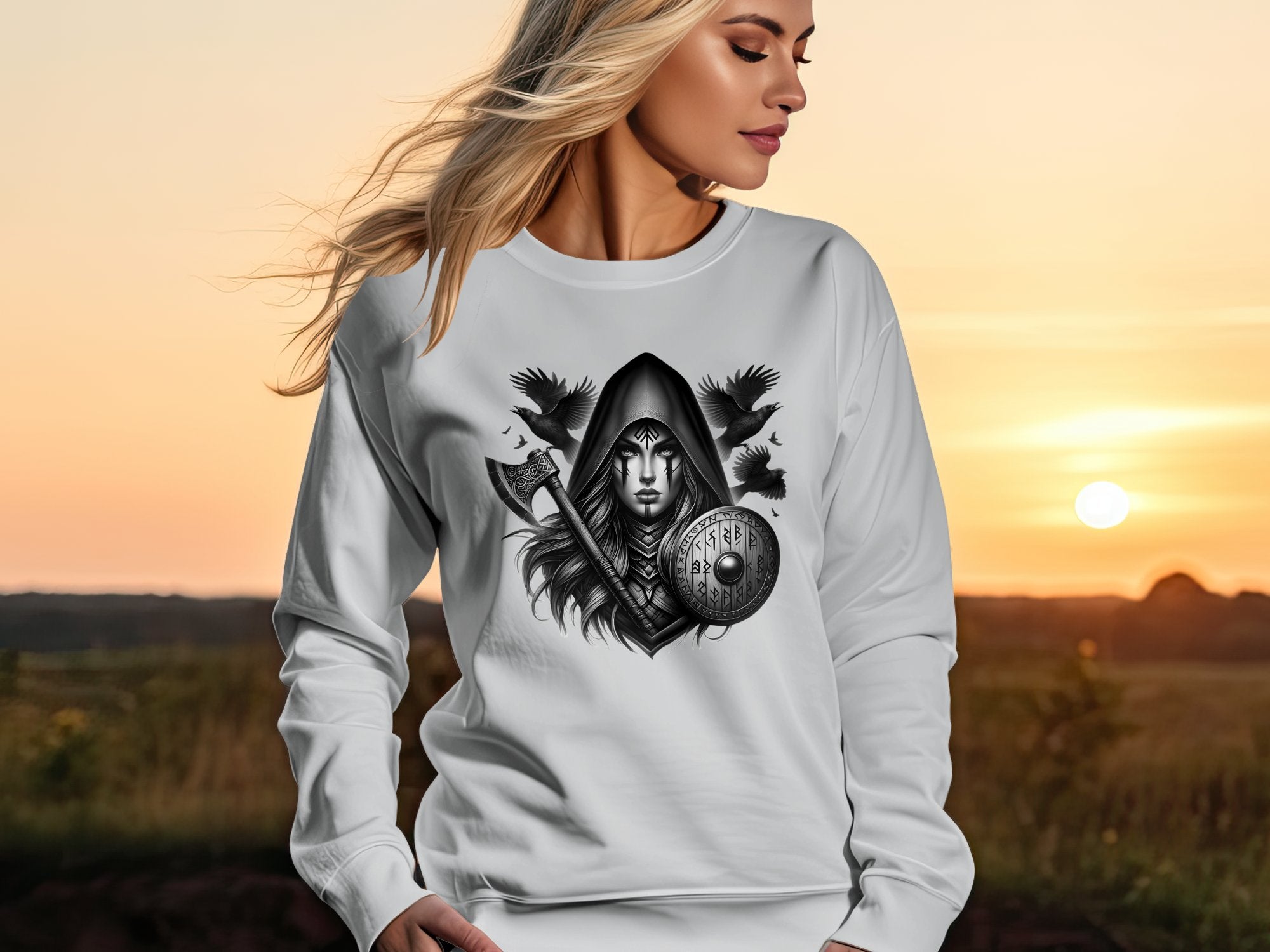 Viking Shield Maiden - Coloured Gildan Sweatshirt Realistic Norse Talisman Men Women Unisex Valhalla Tee Graphic Design