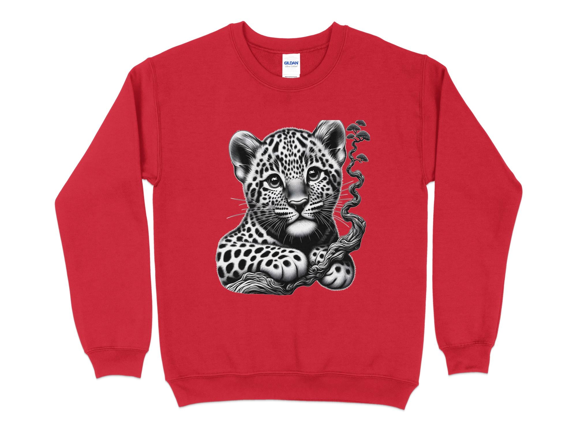 Leopard Bonsai - Coloured Gildan Sweatshirt Realistic Animal Talisman Unisex Cute Tee Graphic Design