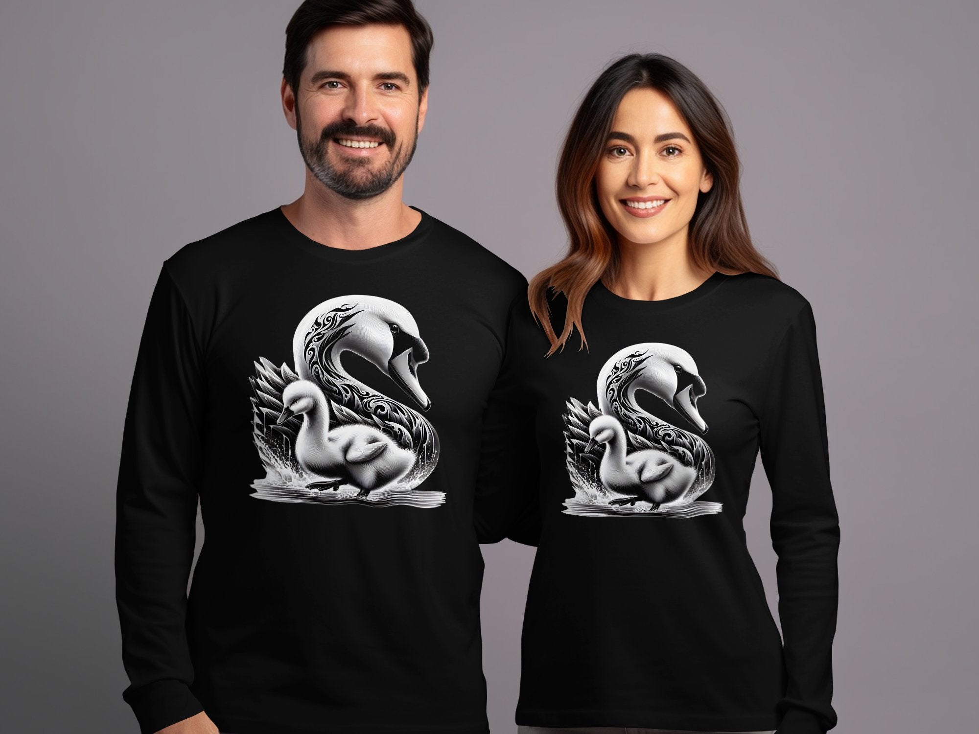 Swan & Cygnet- Black White Gildan Long Sleeve Realistic Family Talisman Unisex Tee Graphic Design