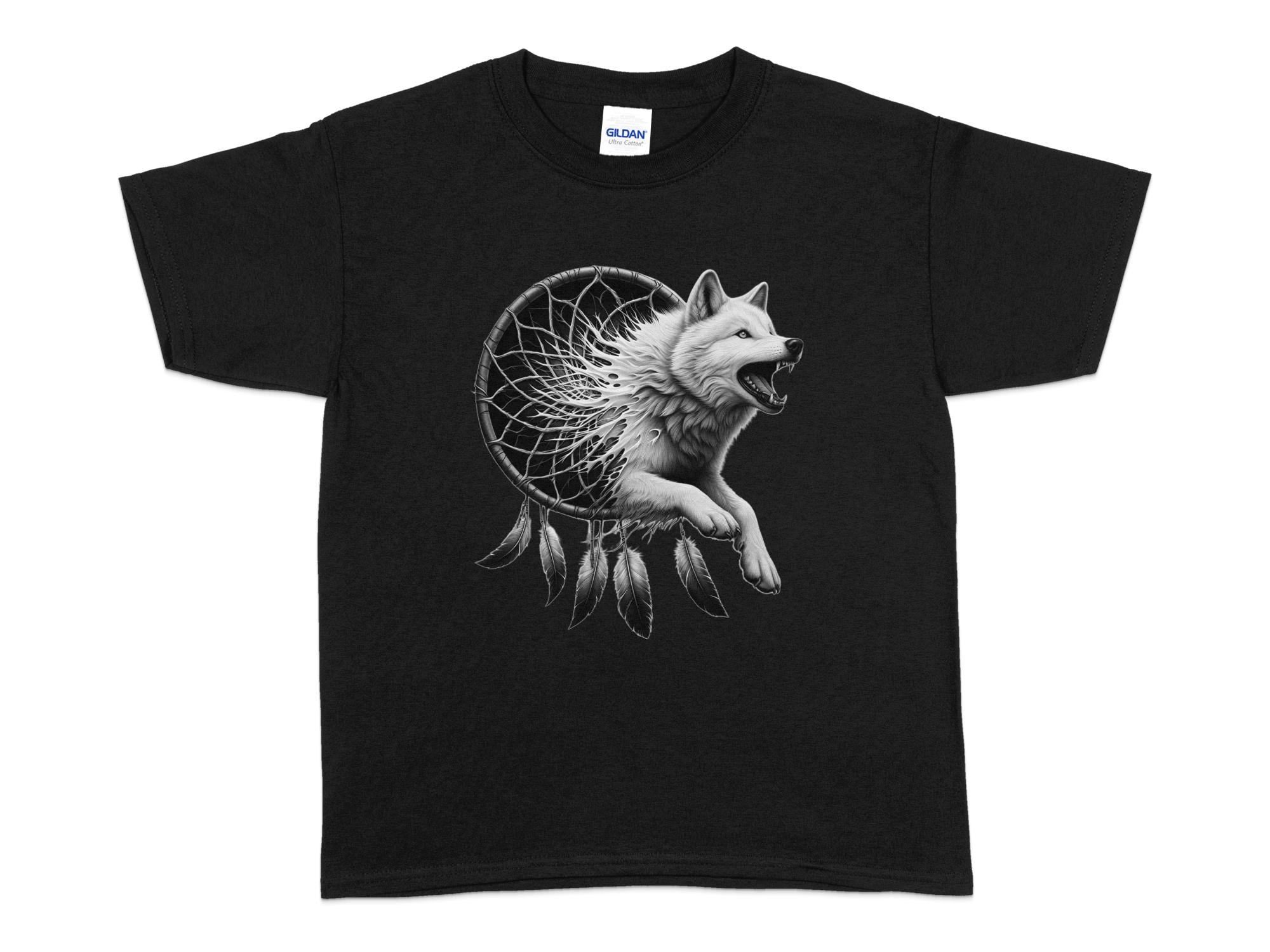 Dreamcatcher Wolf - Coloured Gildan Kids T-Shirt Realistic Native American Talisman Unisex Mythology Tee Graphic Design