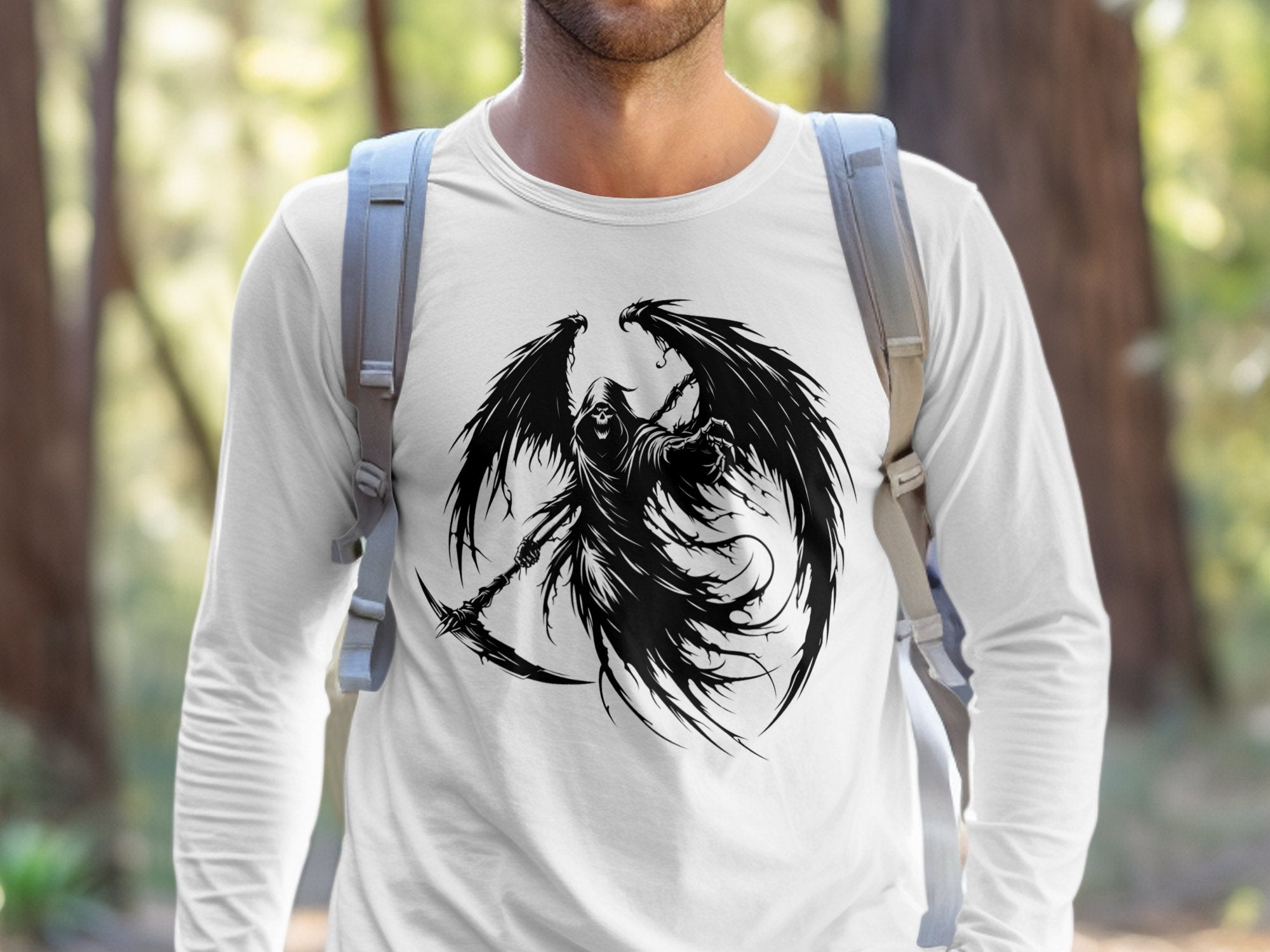 Grim Reaper - Black White Gildan Long Sleeve Commemorative Talisman Unisex Tee Graphic Design