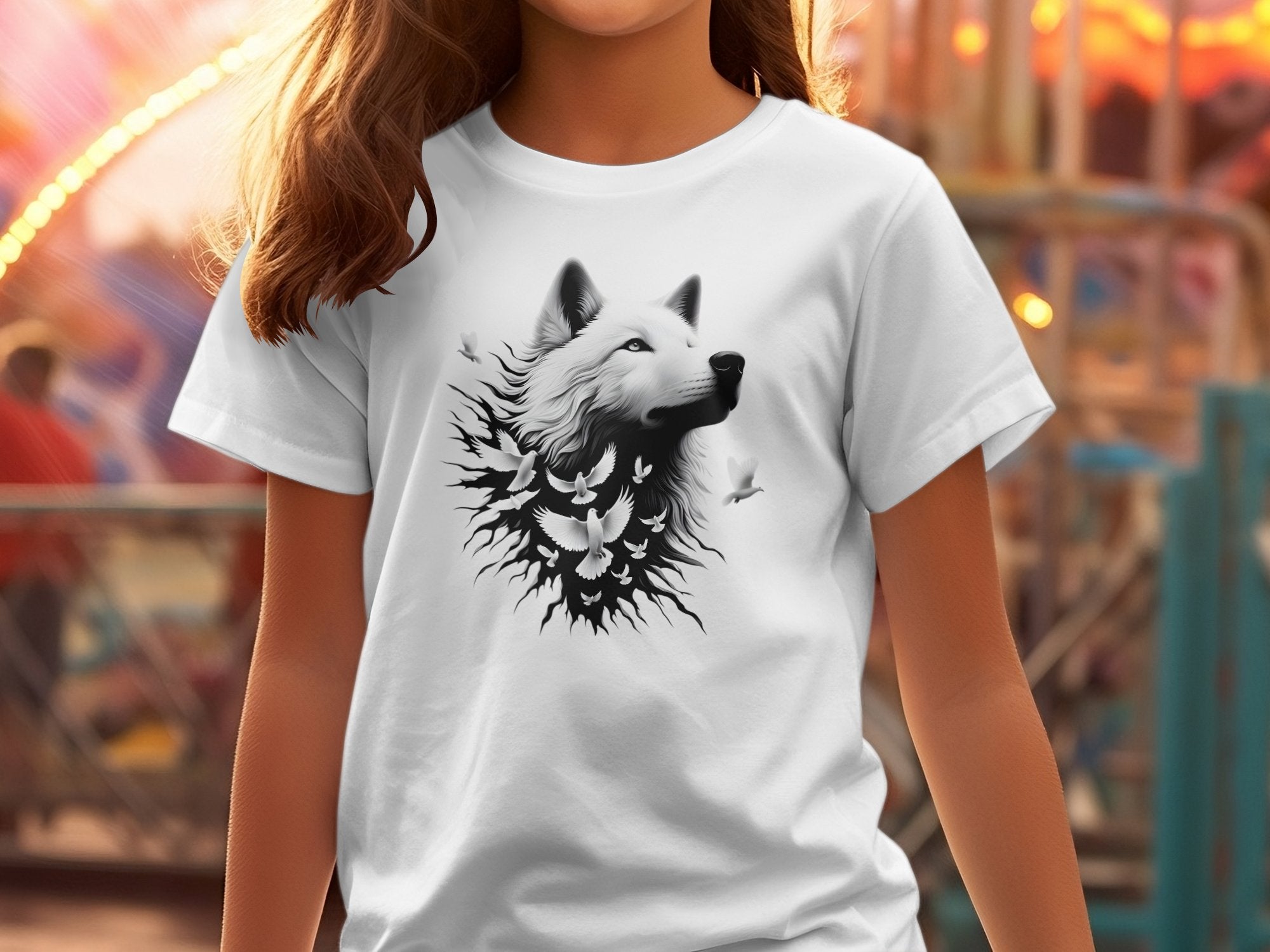 Wolf x Doves - Black White Gildan Kids T-Shirt Realistic Animal Talisman Unisex Tee Graphic Design