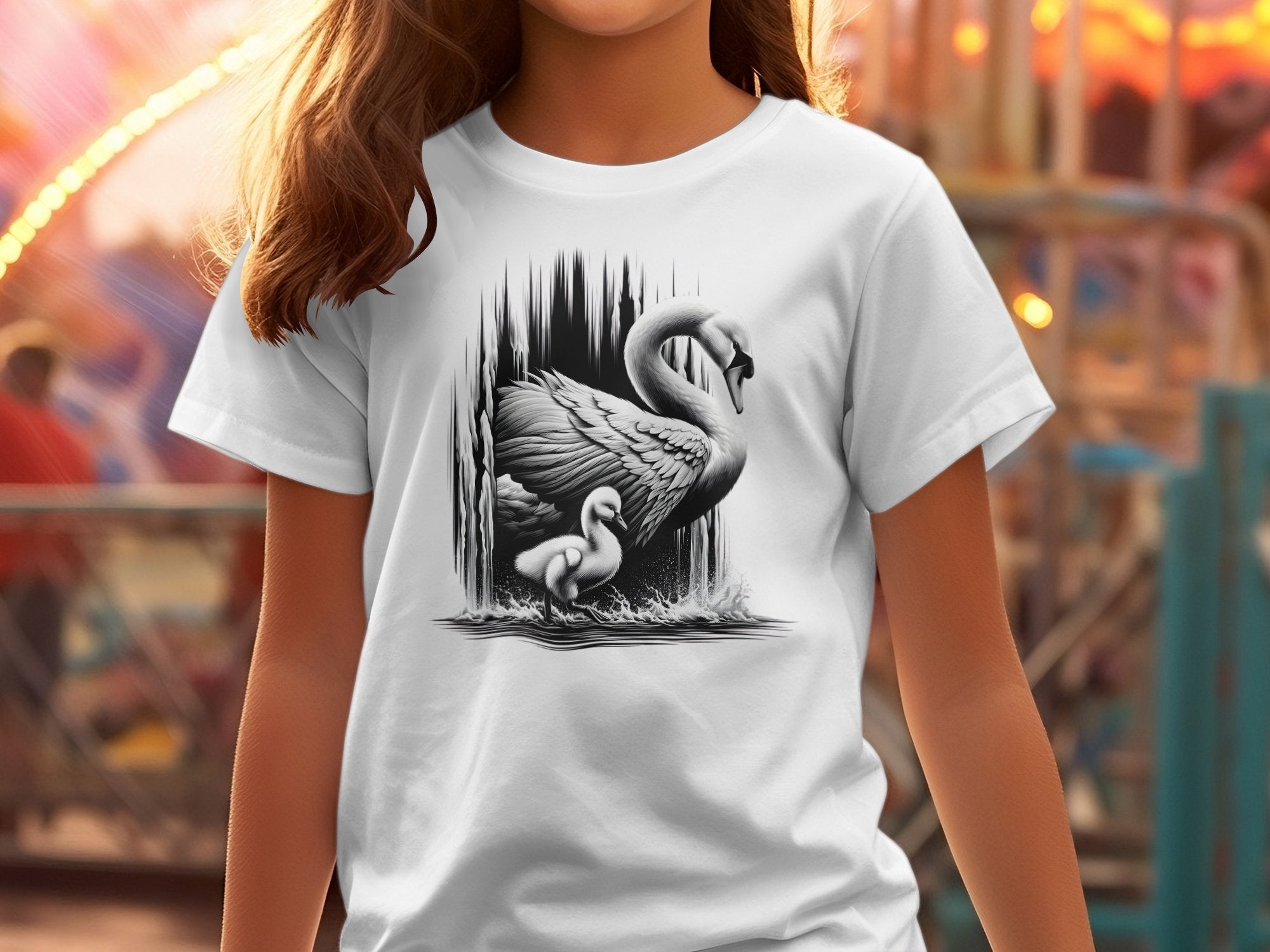 Swan & Cygnet- Black White Gildan Kids T-Shirt Realistic Family Talisman Unisex Tee Graphic Design