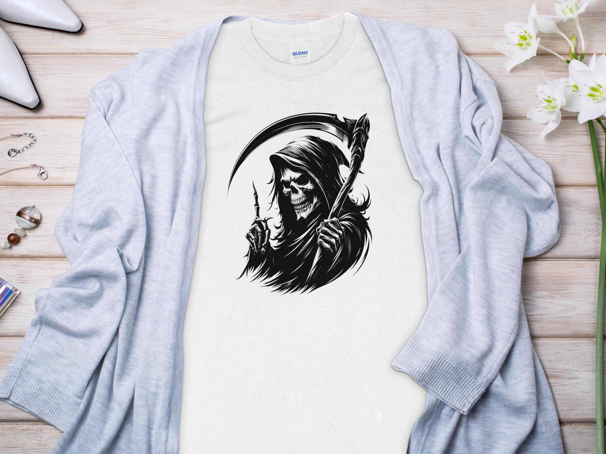 Grim Reaper - Black White Gildan Long Sleeve Commemorative Talisman Unisex Tee Graphic Design