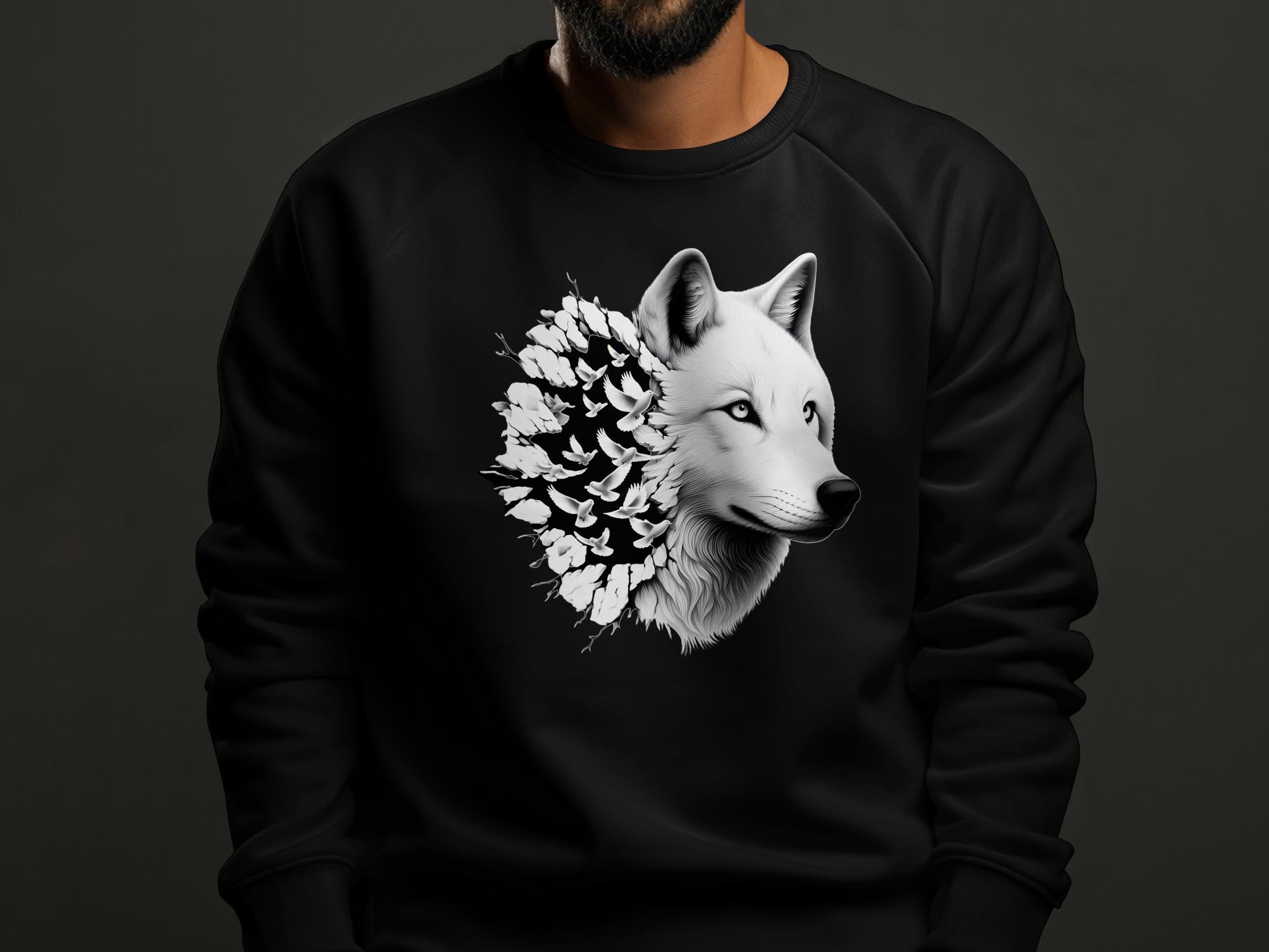 Wolf x Doves - Black White Gildan Sweatshirt Realistic Animal Talisman Unisex Tee Graphic Design