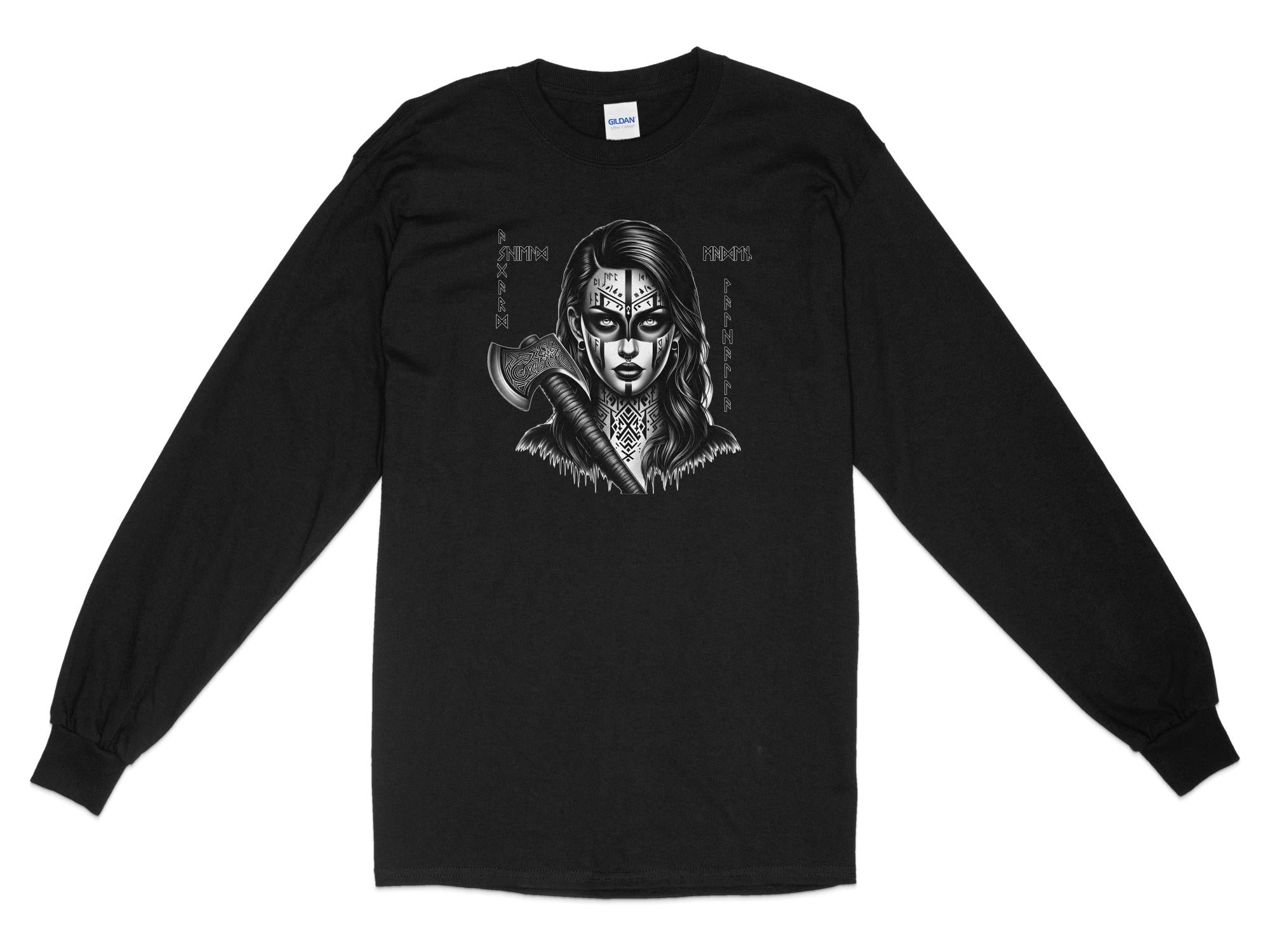 Viking Shield Maiden - Coloured Gildan Long Sleeve Realistic Norse Talisman Men Women Unisex Valhalla Tee Graphic Design