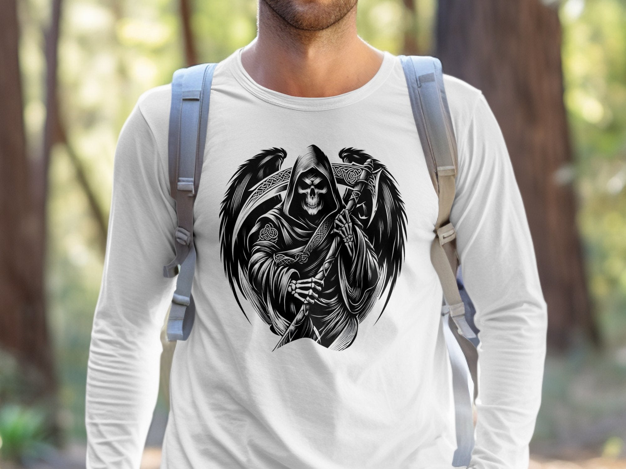 Grim Reaper - Black White Gildan Long Sleeve Commemorative Talisman Unisex Tee Graphic Design