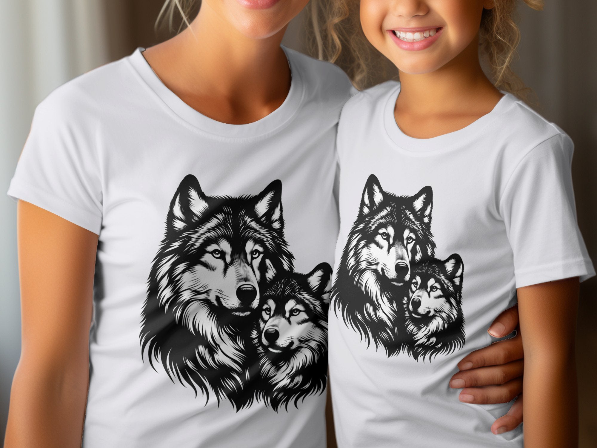 Wolf Mother and Cub - Coloured Gildan Kids T-Shirt Family Talisman Unisex Tee Graphic Design