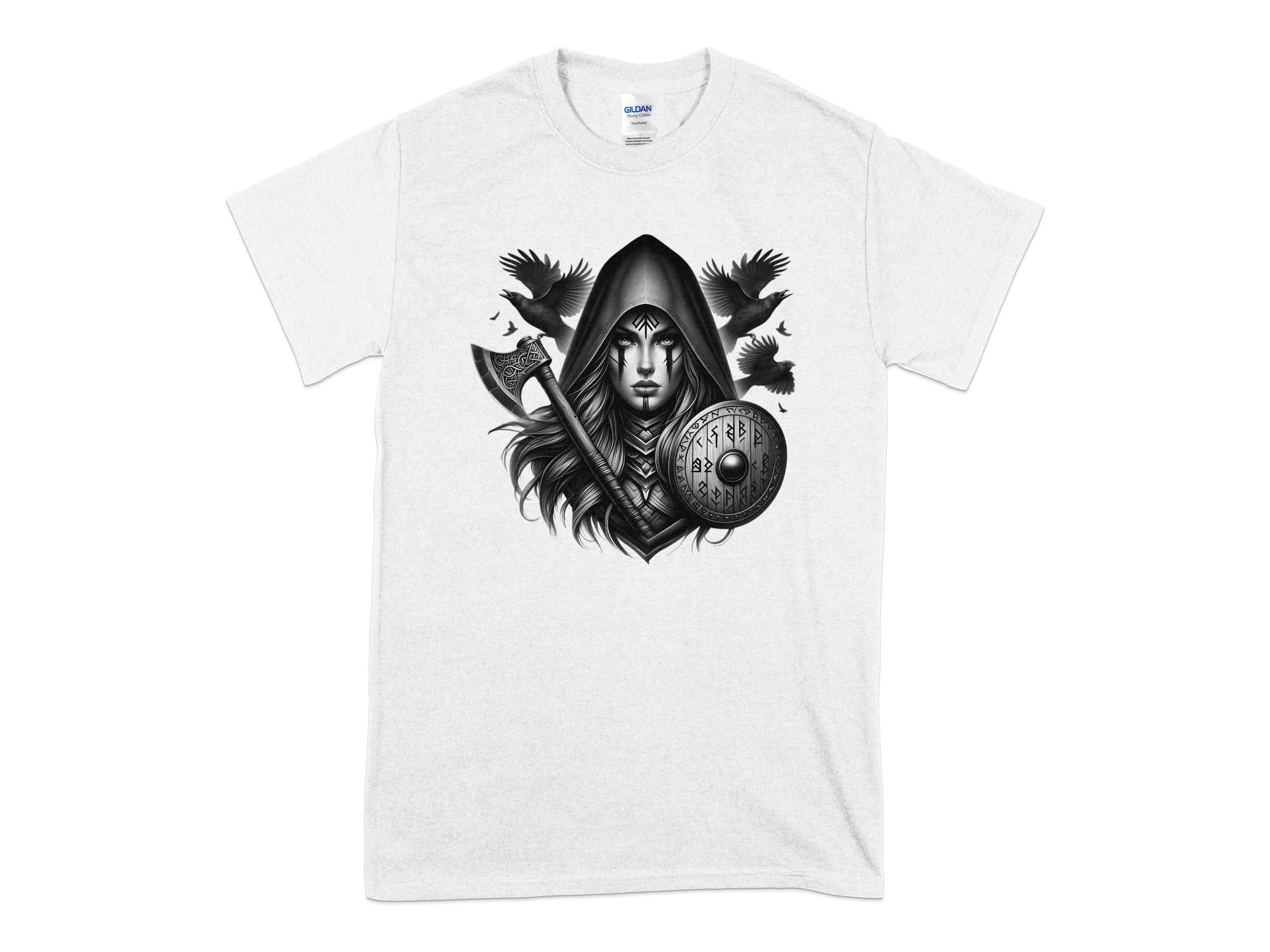 Viking Shield Maiden - Coloured Gildan T Shirt Realistic Norse Talisman Men Women Unisex Valhalla Tee Graphic Design