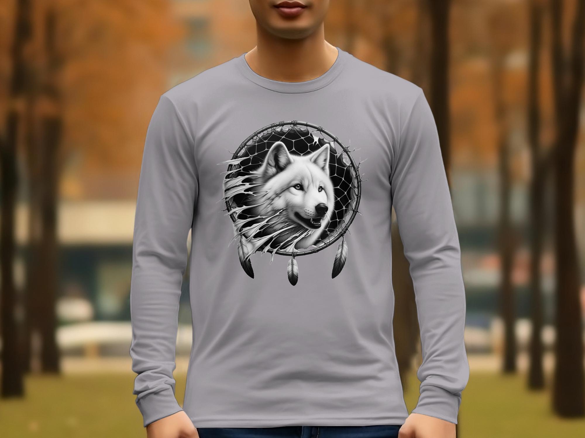 Dreamcatcher Wolf - Coloured Gildan Long Sleeve Realistic Native American Talisman Unisex Mythology Tee Graphic Design