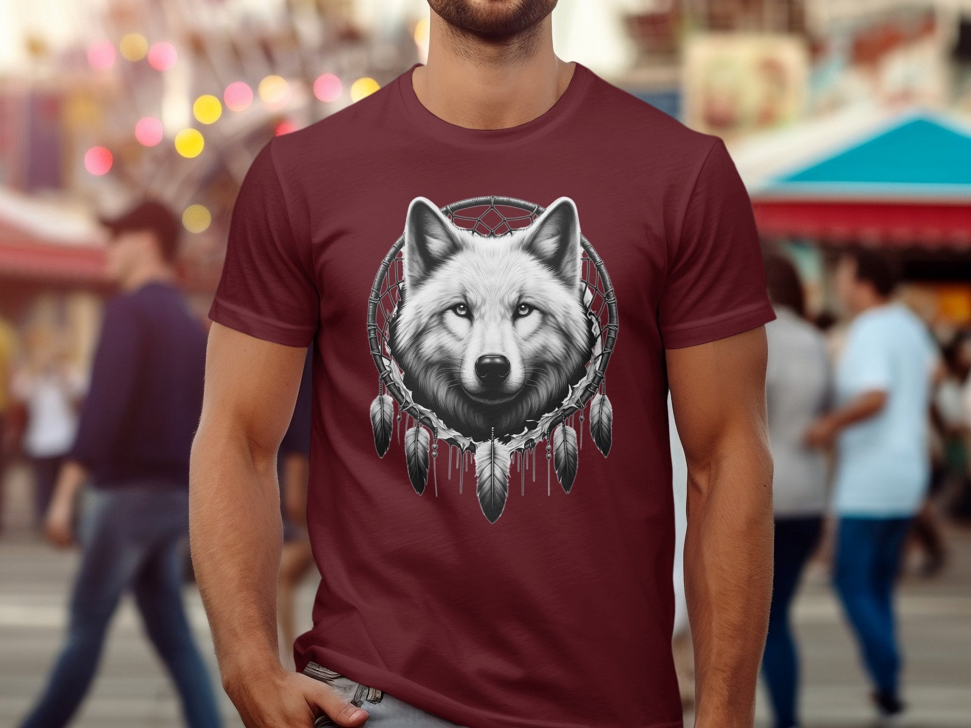 Dreamcatcher Wolf - Coloured Gildan T-Shirt Realistic Native American Talisman Unisex Mythology Tee Graphic Design