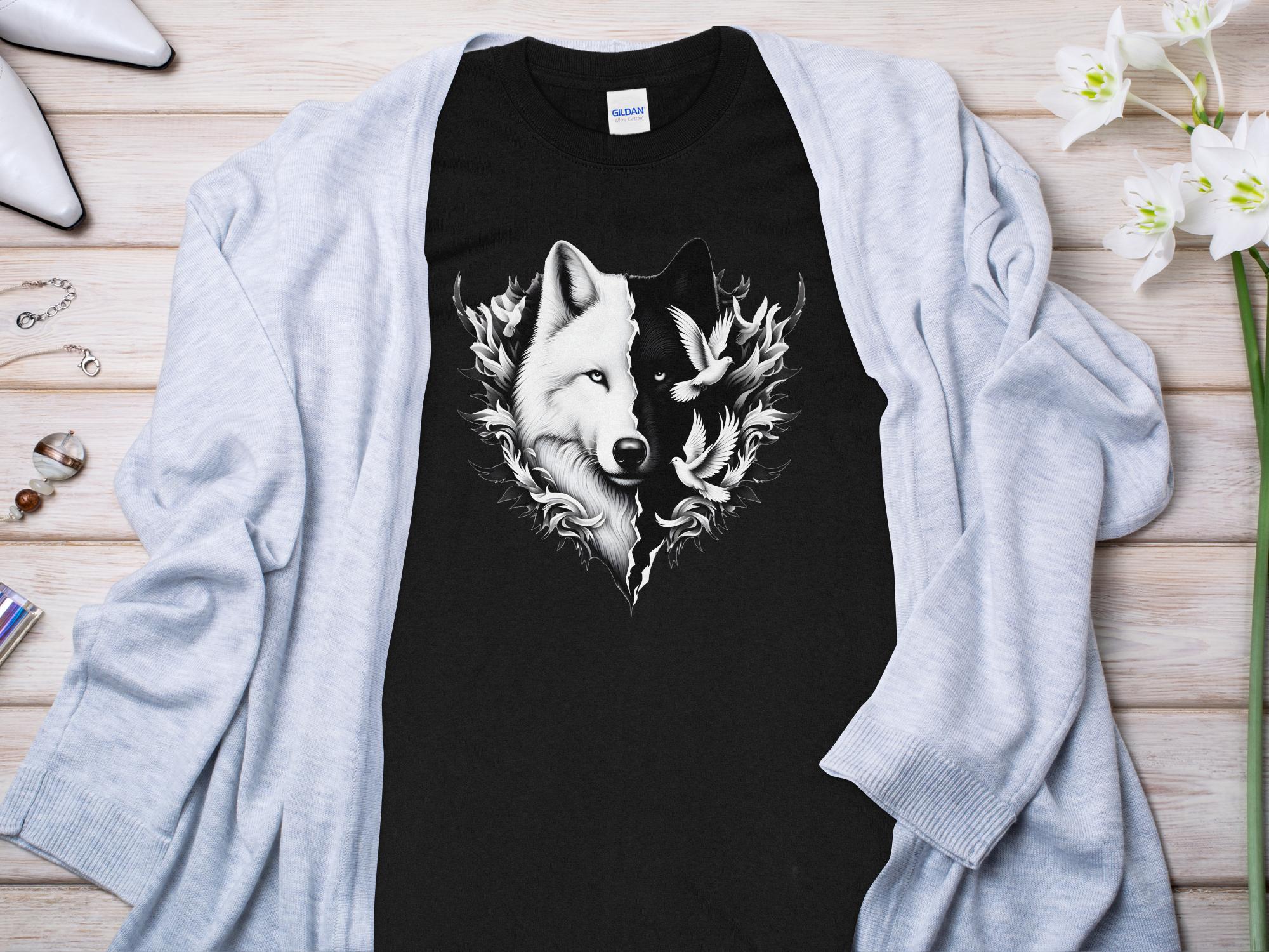 Wolf x Doves - Black White Gildan Long Sleeve Realistic Animal Talisman Unisex Tee Graphic Design