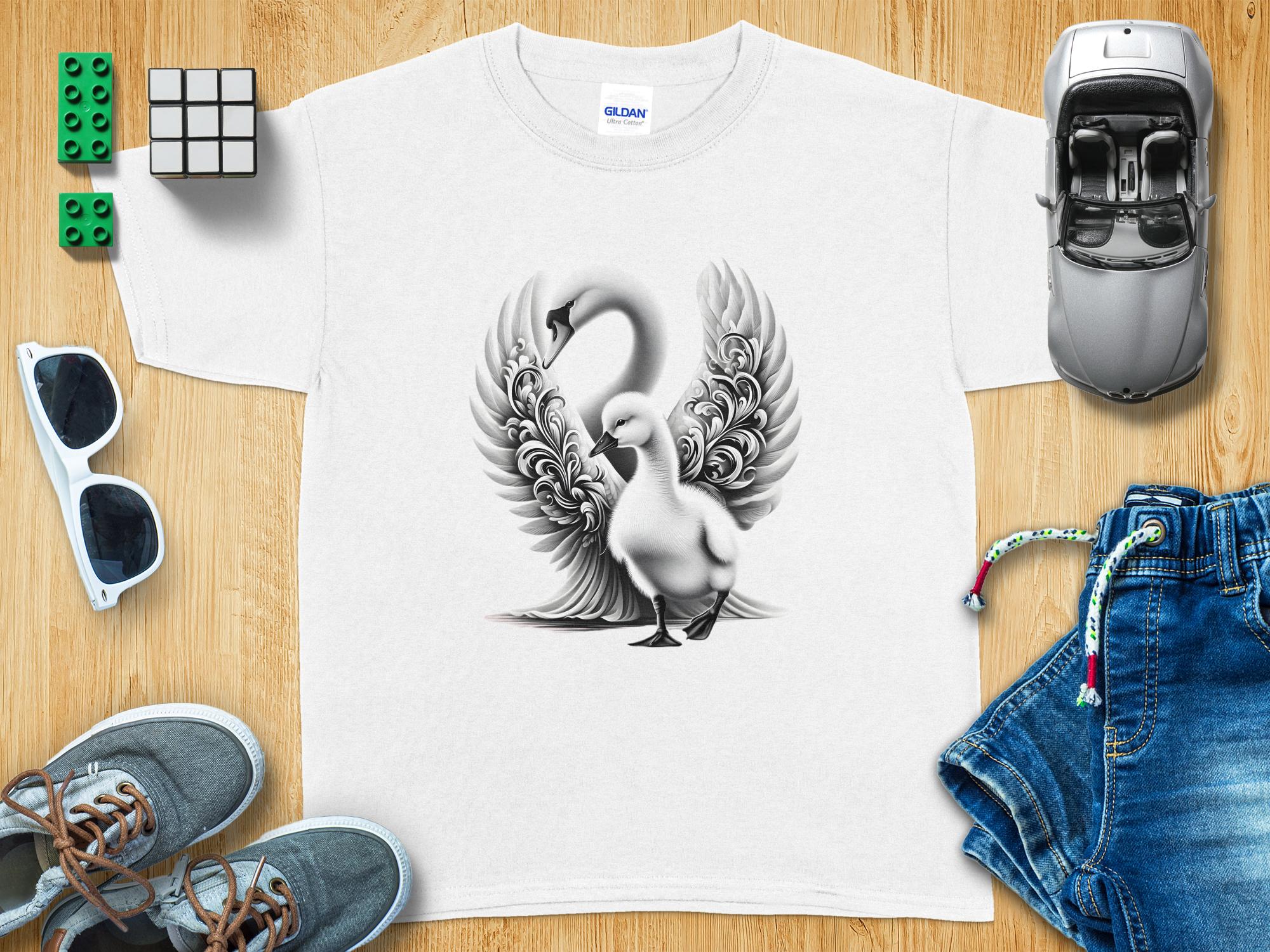 Swan & Cygnet- Black White Gildan Kids T-Shirt Realistic Family Talisman Unisex Tee Graphic Design