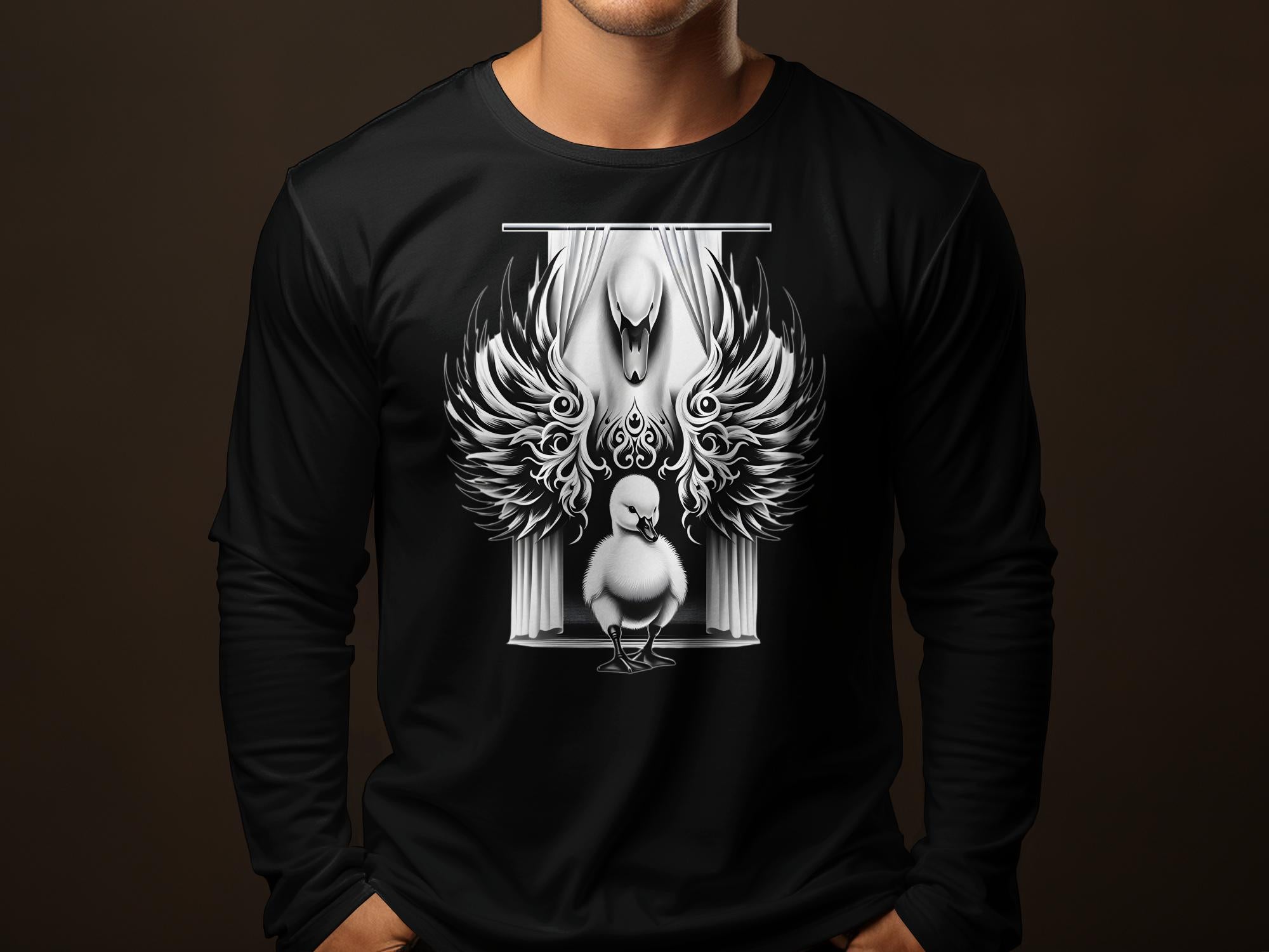 Swan & Cygnet- Black White Gildan Long Sleeve Realistic Family Talisman Unisex Tee Graphic Design