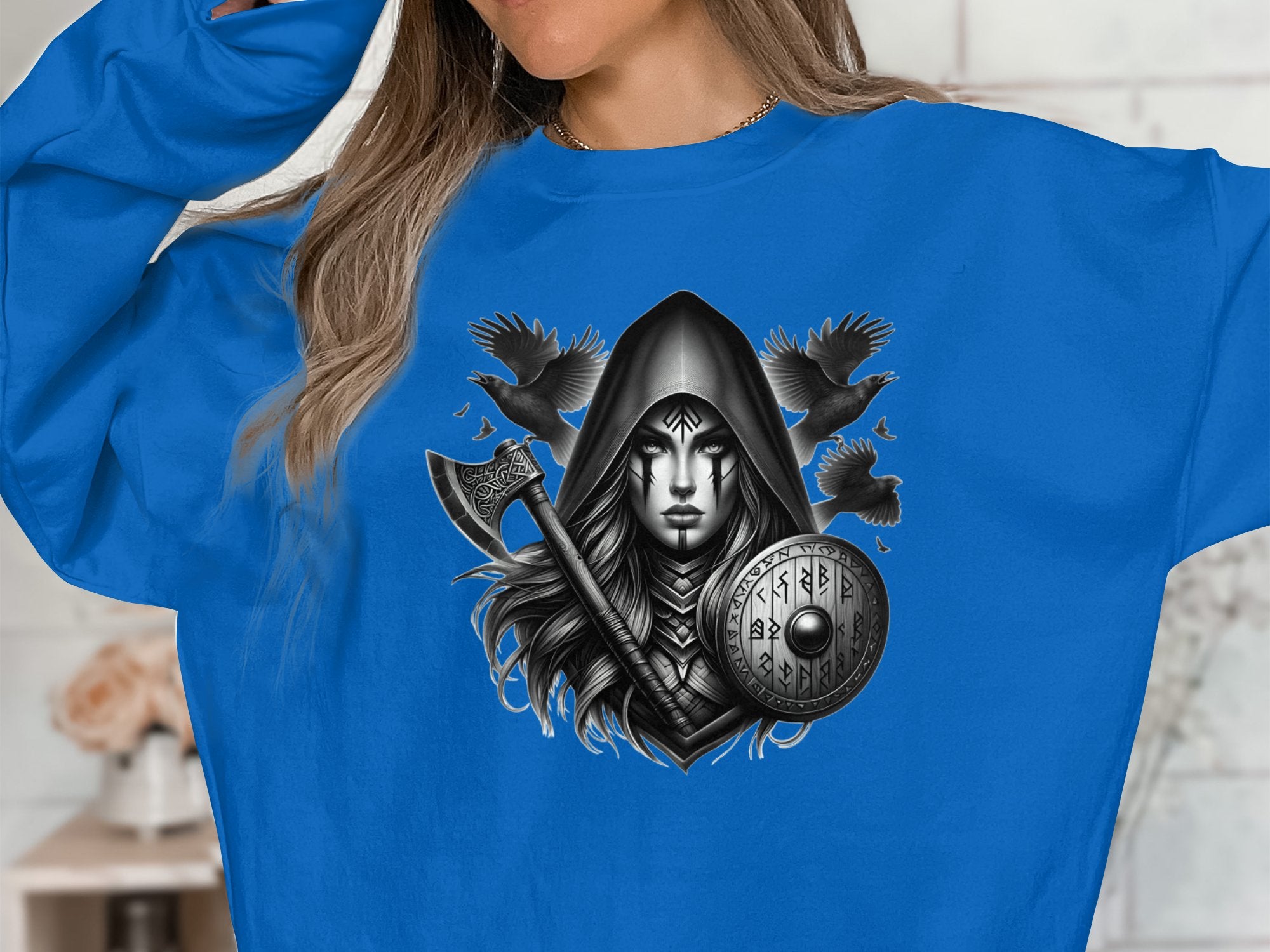 Viking Shield Maiden - Coloured Gildan Sweatshirt Realistic Norse Talisman Men Women Unisex Valhalla Tee Graphic Design