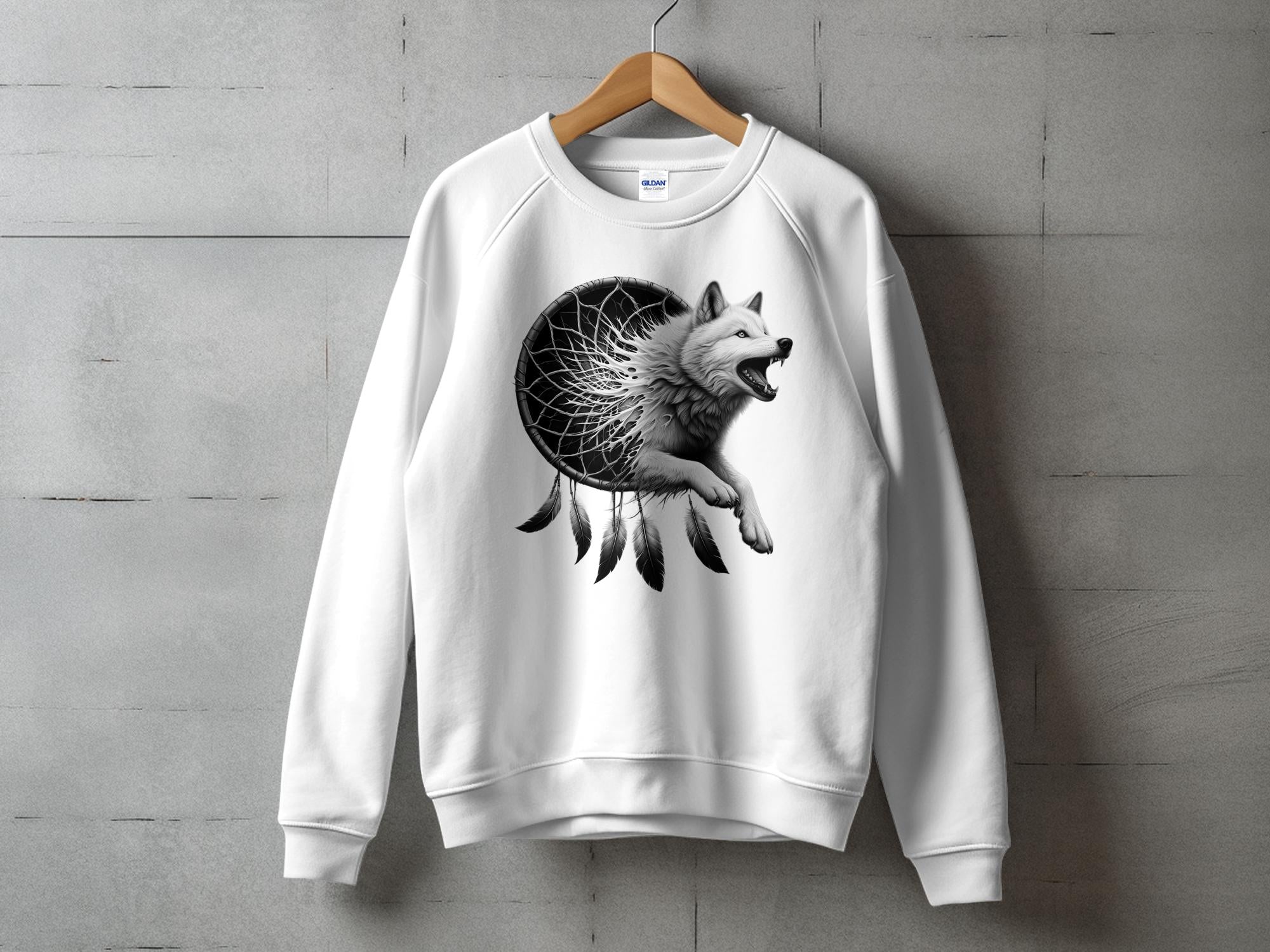 Dreamcatcher Wolf - Coloured Gildan Sweatshirt Realistic Native American Talisman Unisex Mythology Tee Graphic Design