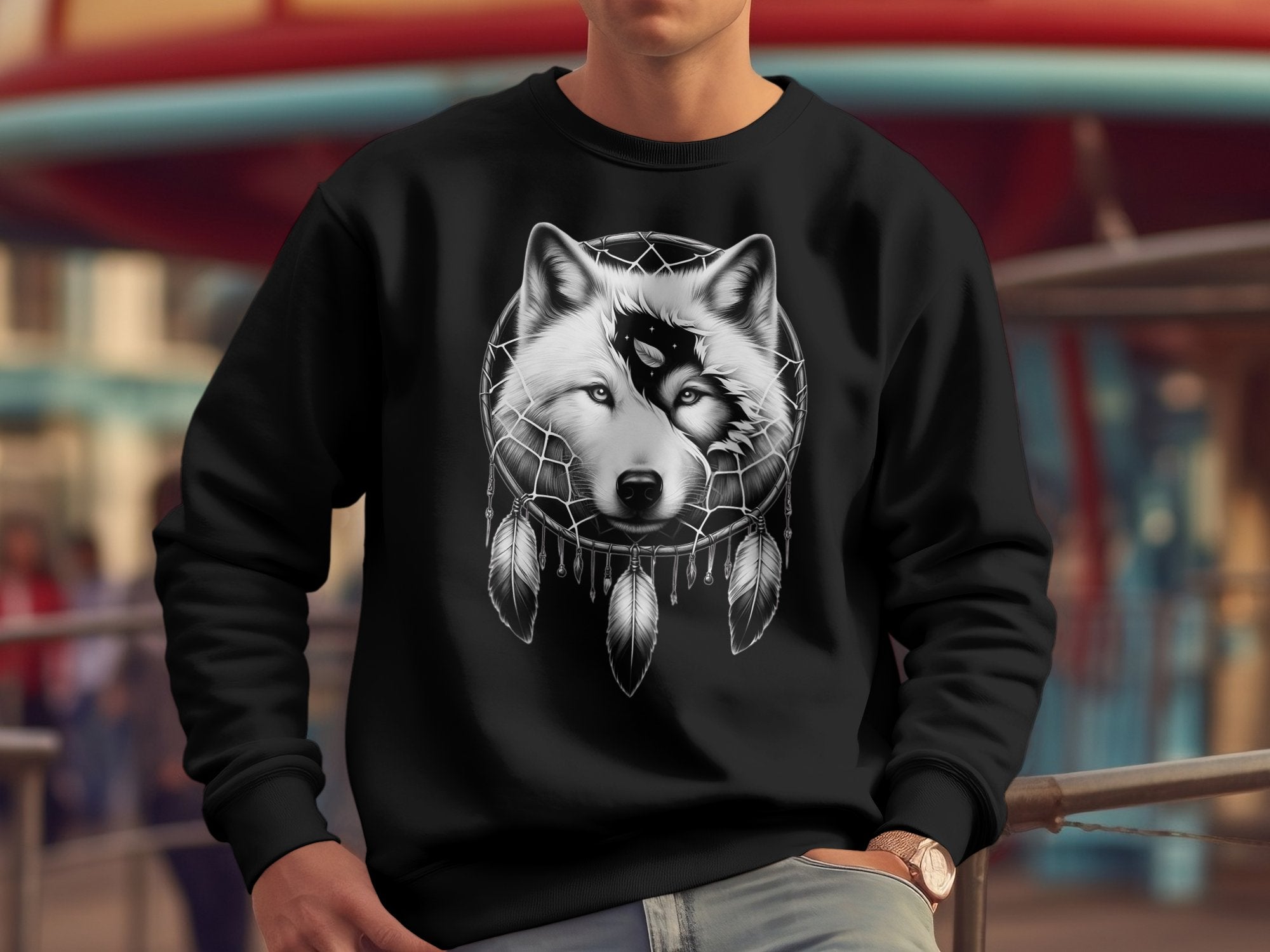 Dreamcatcher Wolf - Coloured Gildan Sweatshirt Realistic Native American Talisman Unisex Mythology Tee Graphic Design