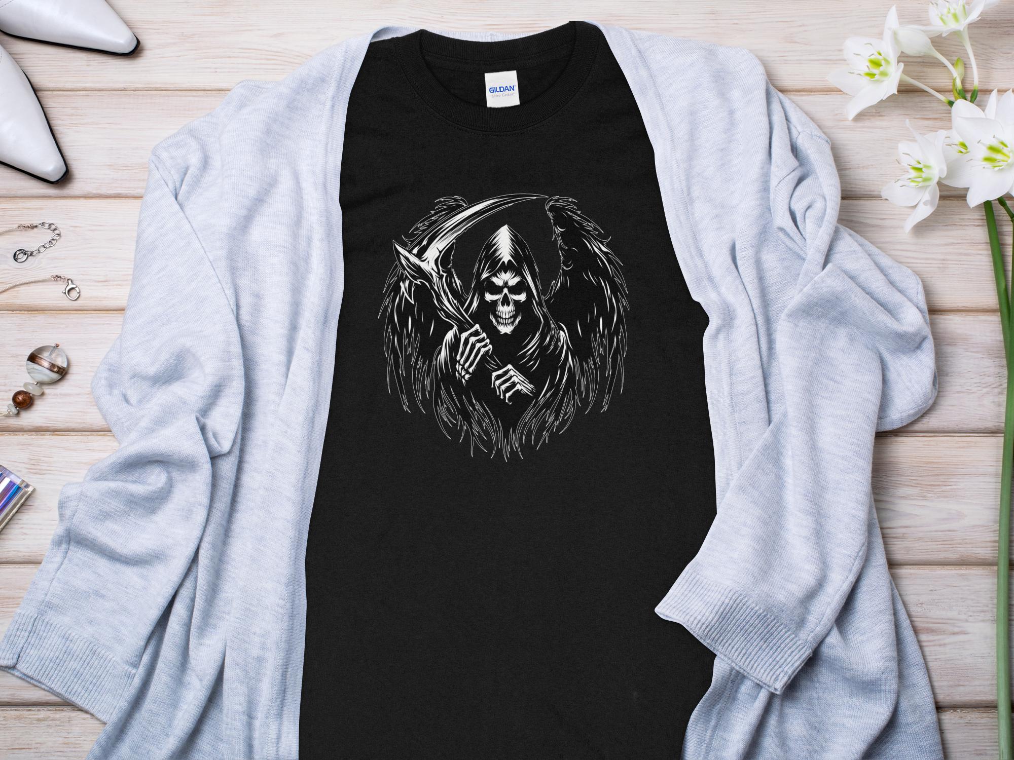 Grim Reaper - Black White Gildan Long Sleeve Commemorative Talisman Unisex Tee Graphic Design