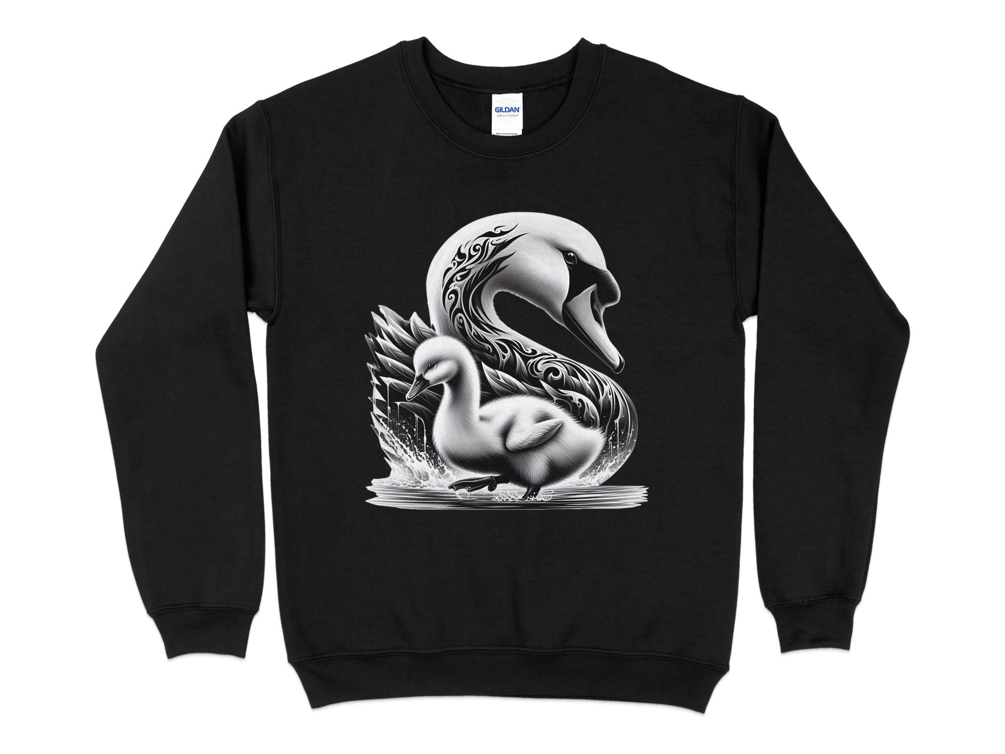 Swan & Cygnet- Black White Gildan Sweatshirt Realistic Family Talisman Unisex Tee Graphic Design