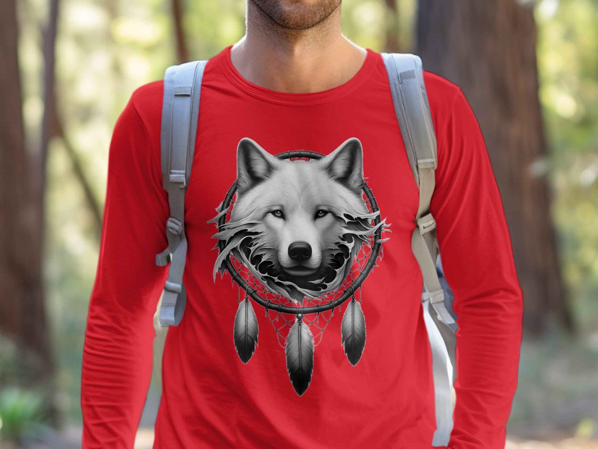 Dreamcatcher Wolf - Coloured Gildan Long Sleeve Realistic Native American Talisman Unisex Mythology Tee Graphic Design