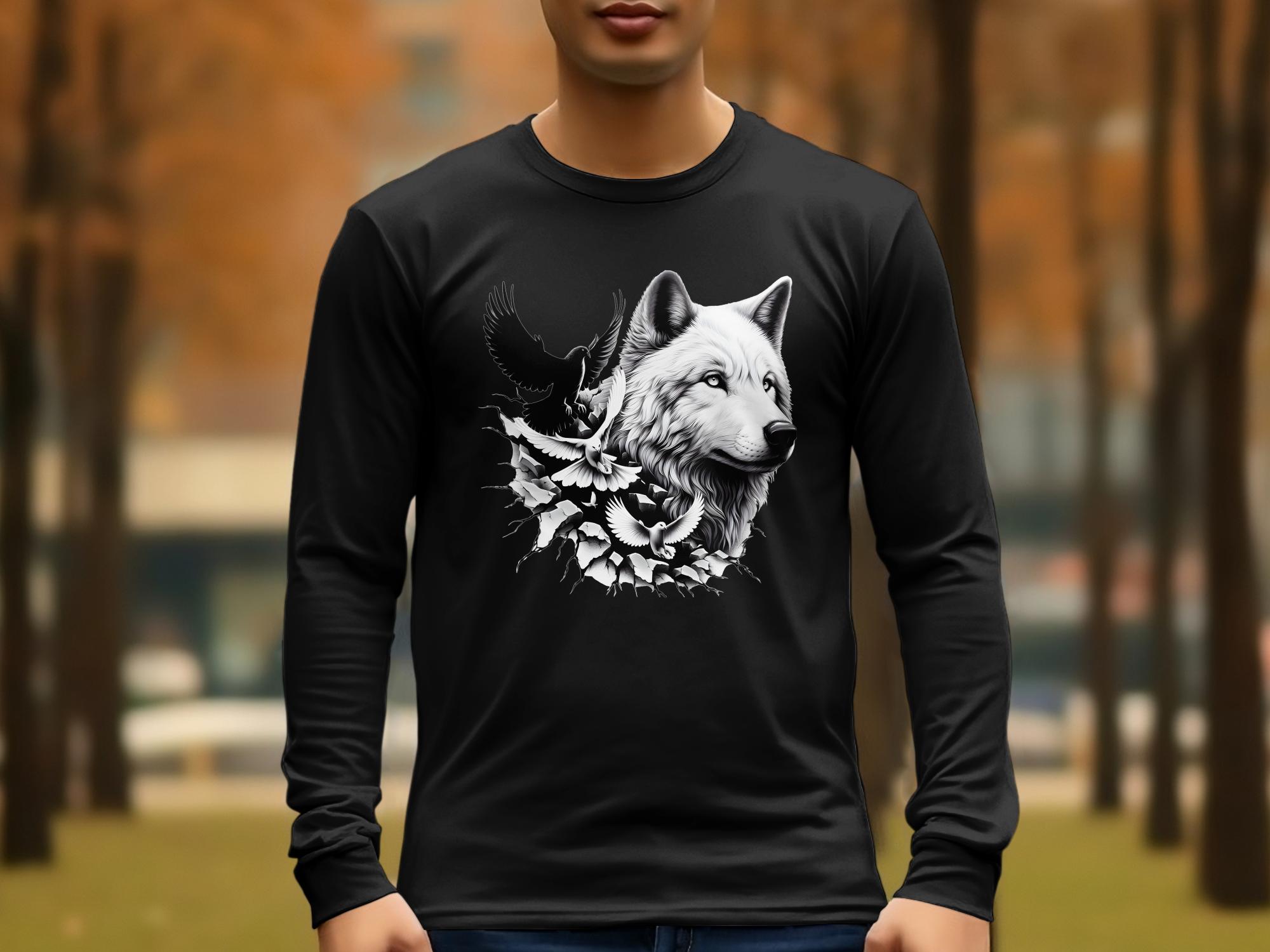 Wolf x Doves - Black White Gildan Long Sleeve Realistic Animal Talisman Unisex Tee Graphic Design