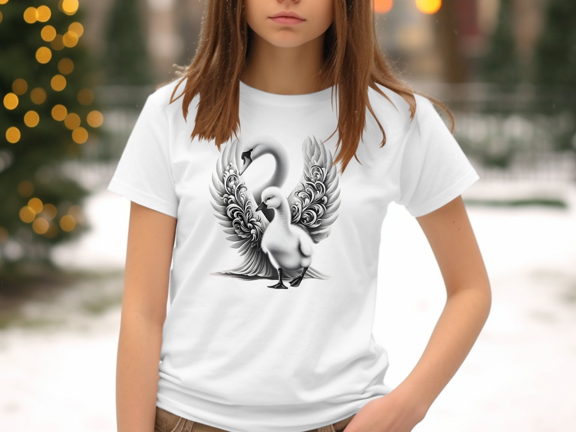 Swan & Cygnet- Black White Gildan Kids T-Shirt Realistic Family Talisman Unisex Tee Graphic Design