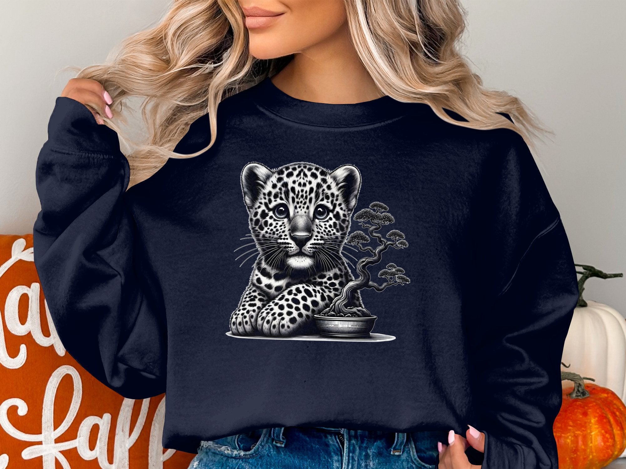 Leopard Bonsai - Coloured Gildan Sweatshirt Realistic Animal Talisman Unisex Cute Tee Graphic Design