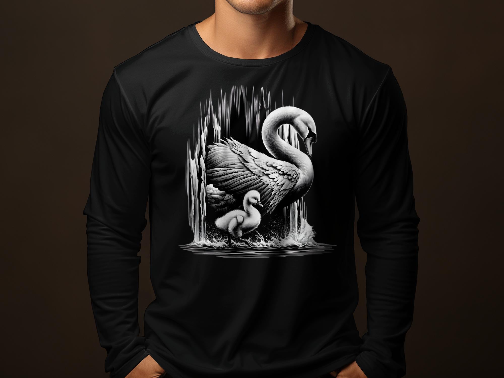 Swan & Cygnet- Black White Gildan Long Sleeve Realistic Family Talisman Unisex Tee Graphic Design