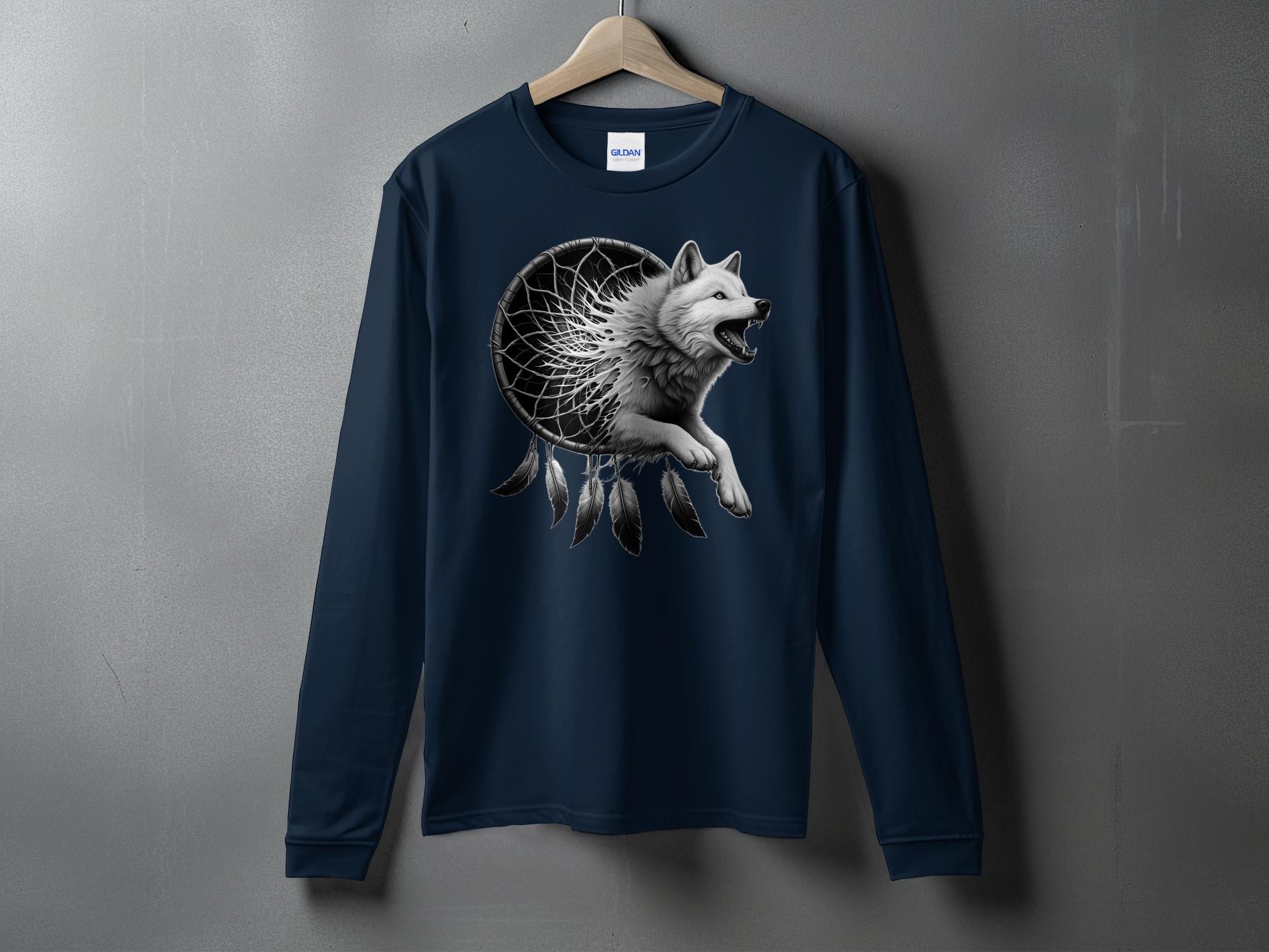 Dreamcatcher Wolf - Coloured Gildan Long Sleeve Realistic Native American Talisman Unisex Mythology Tee Graphic Design