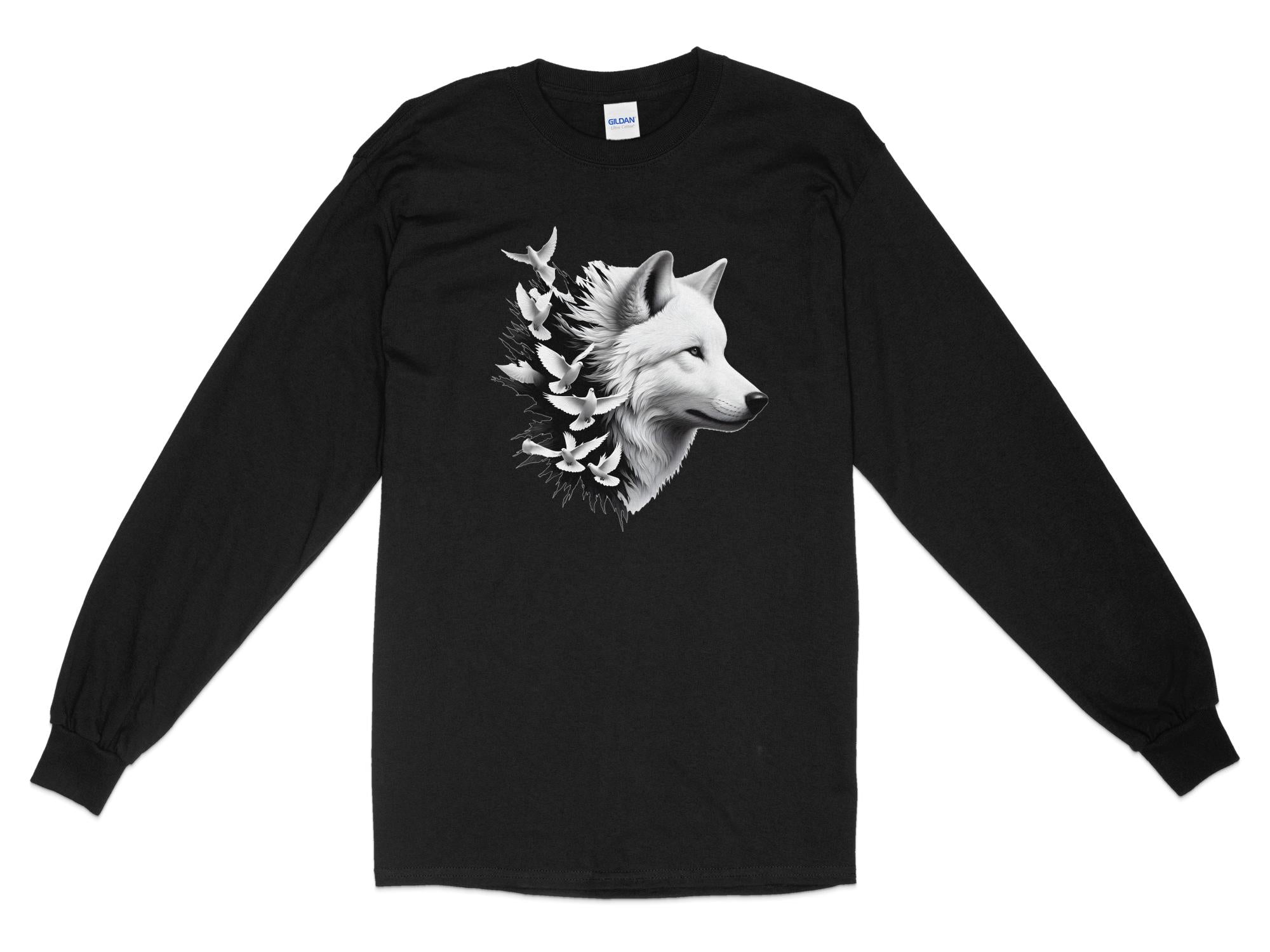 Wolf x Doves - Black White Gildan Long Sleeve Realistic Animal Talisman Unisex Tee Graphic Design