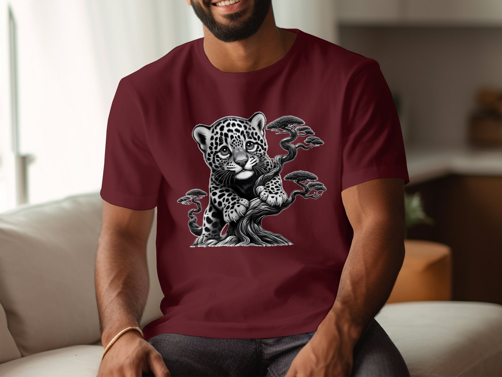 Leopard Bonsai - Coloured Gildan T-Shirt Realistic Animal Talisman Unisex Cute Tee Graphic Design