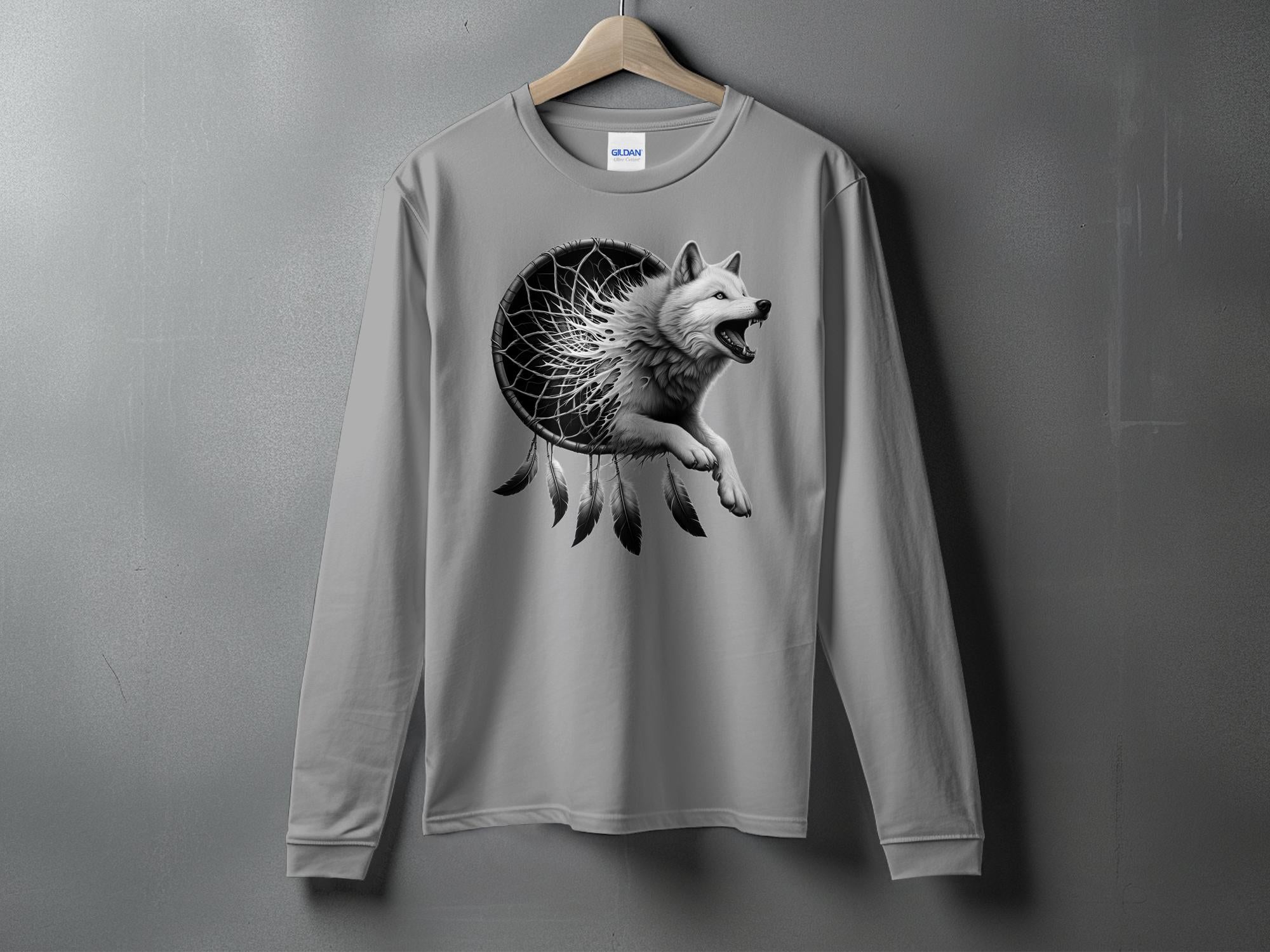 Dreamcatcher Wolf - Coloured Gildan Long Sleeve Realistic Native American Talisman Unisex Mythology Tee Graphic Design