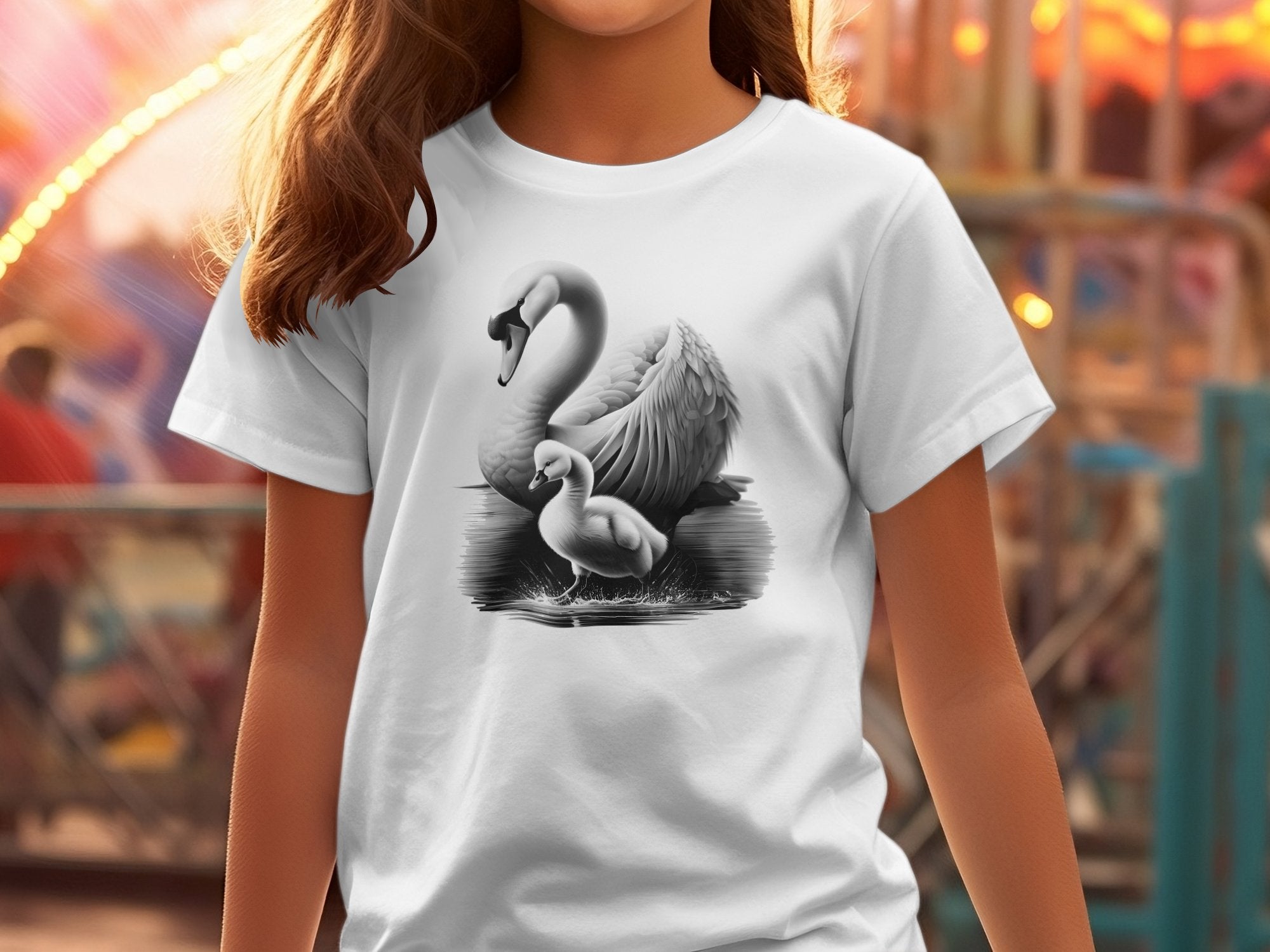 Swan & Cygnet- Black White Gildan Kids T-Shirt Realistic Family Talisman Unisex Tee Graphic Design