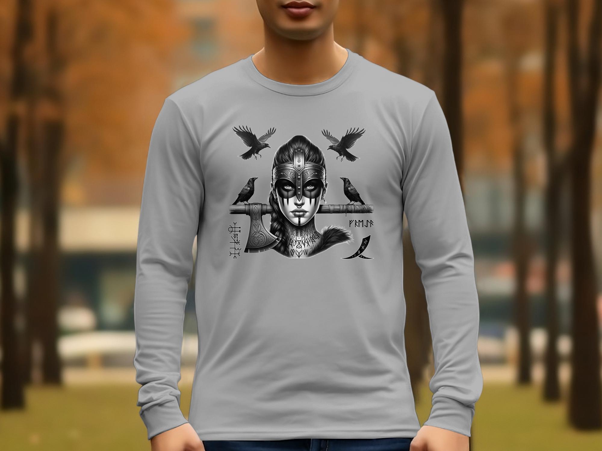 Viking Shield Maiden - Coloured Gildan Long Sleeve Realistic Norse Talisman Men Women Unisex Valhalla Tee Graphic Design