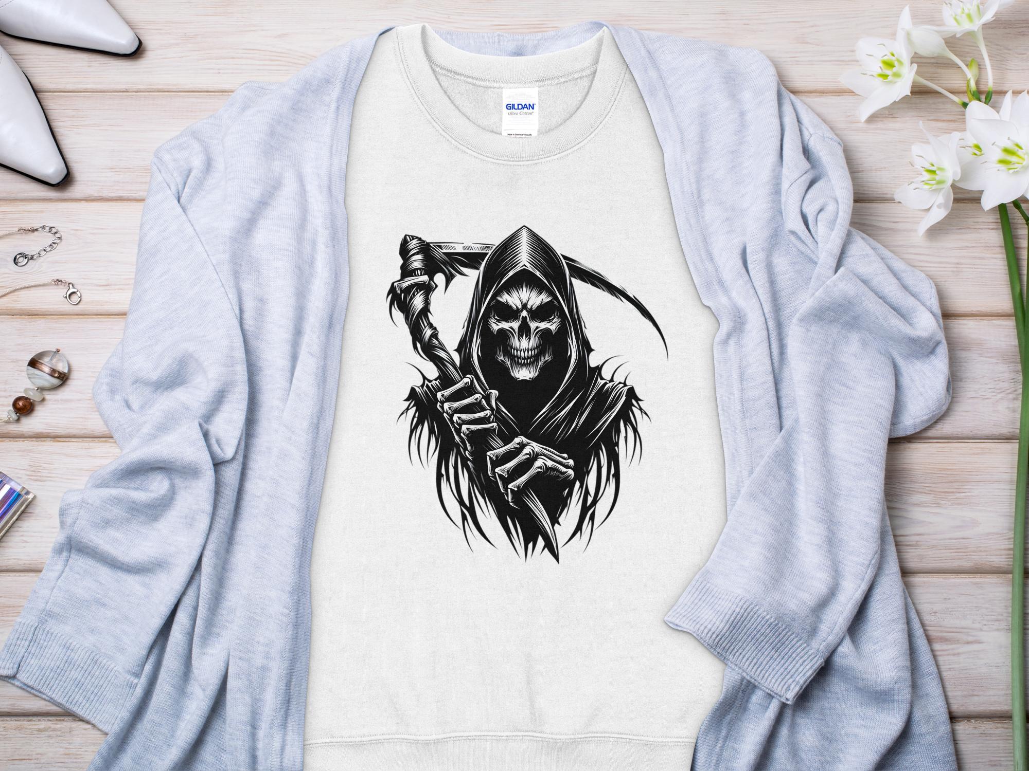 Grim Reaper - Black White Gildan Sweatshirt Commemorative Talisman Unisex Tee Graphic Design