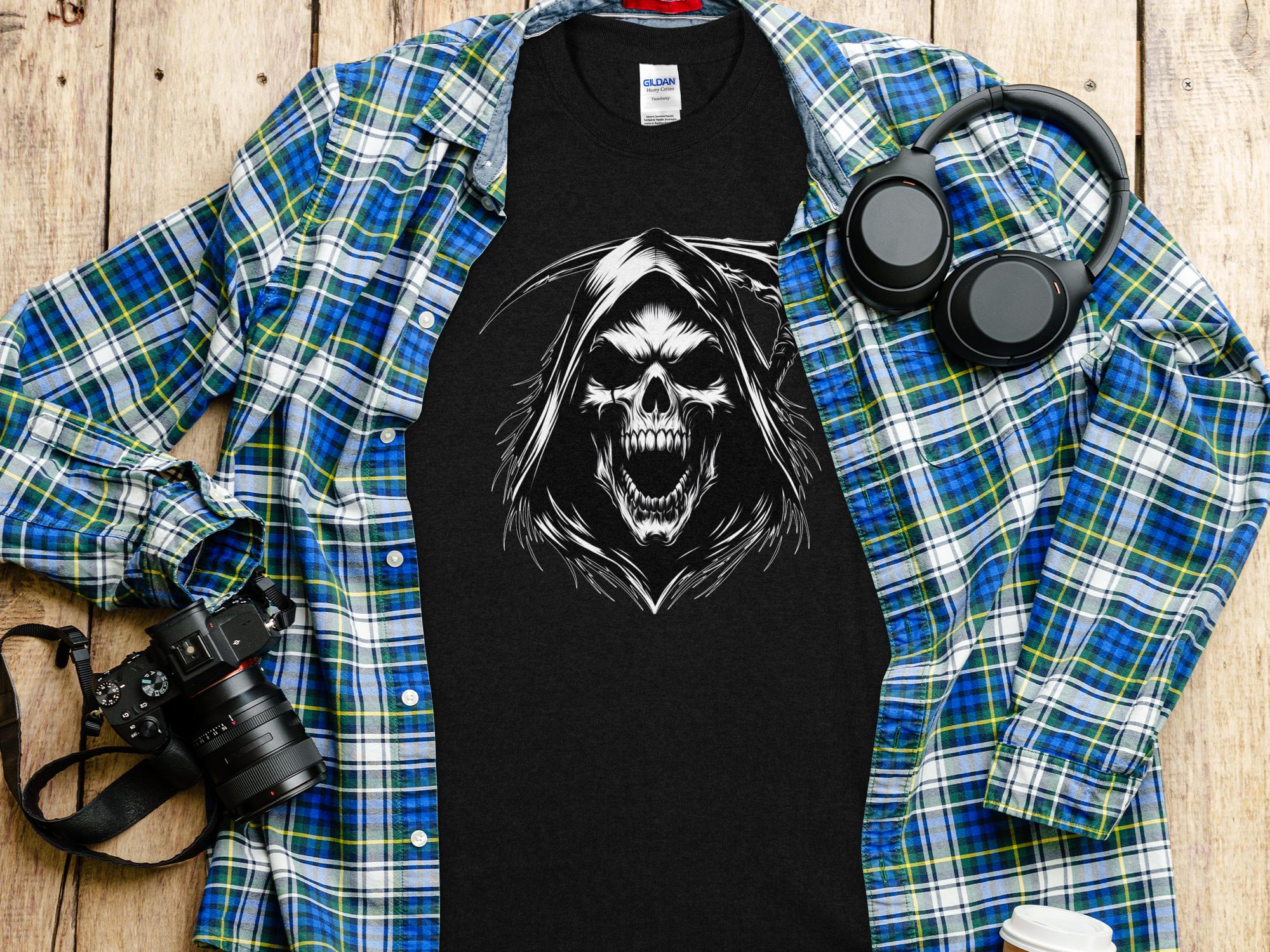 Grim Reaper - Black White Gildan T-Shirt Commemorative Talisman Unisex Tee Graphic Design